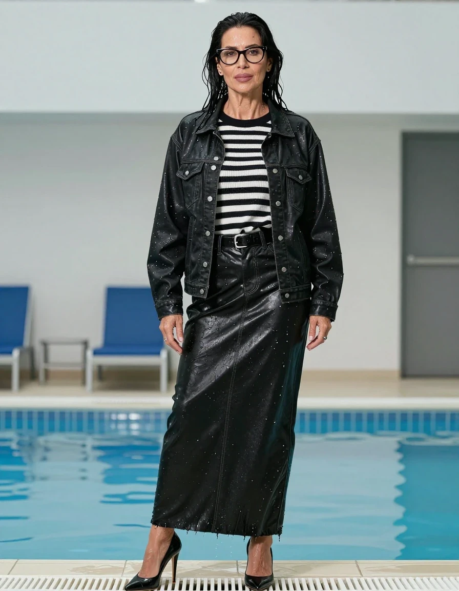photo of young woman, in soaking wet, drenched clothes,
high-heeled shoes, shiny black leather denim maxi skirt, shiny black & wihite striped sweater, maxi shiny black denim jacket, after swim in pool, enjoying wet clothes stuck body, enjoying, wet clothes stuck to body, 
enjoying, wet clothes stuck to body,
detailed textures of the wet clothes, wet face, wet plastered hair,
wet, drenched, professional, high-quality details, full body view.
sharp focus, ultra-high pixel detail, realistic, high-quality, full colors, incredibly detailed, 4k, 8k, 16k, hyper-realistic, RAW photo, masterpiece, ultra-detailed, professionally color graded, professional photograph, europen brunette skinny woman 50 years old, long dark black hair, office glasses, very big and thick lips, complete body, wet skin, wet clothes, damp fabric, wet skin, wet clothes, damp fabric, wet skin, wet clothes, damp fabric, wet skin, wet clothes, damp fabric, wet skin, wet clothes, damp fabric, wet skin, wet clothes, damp fabric, wet skin, wet clothes, damp fabric