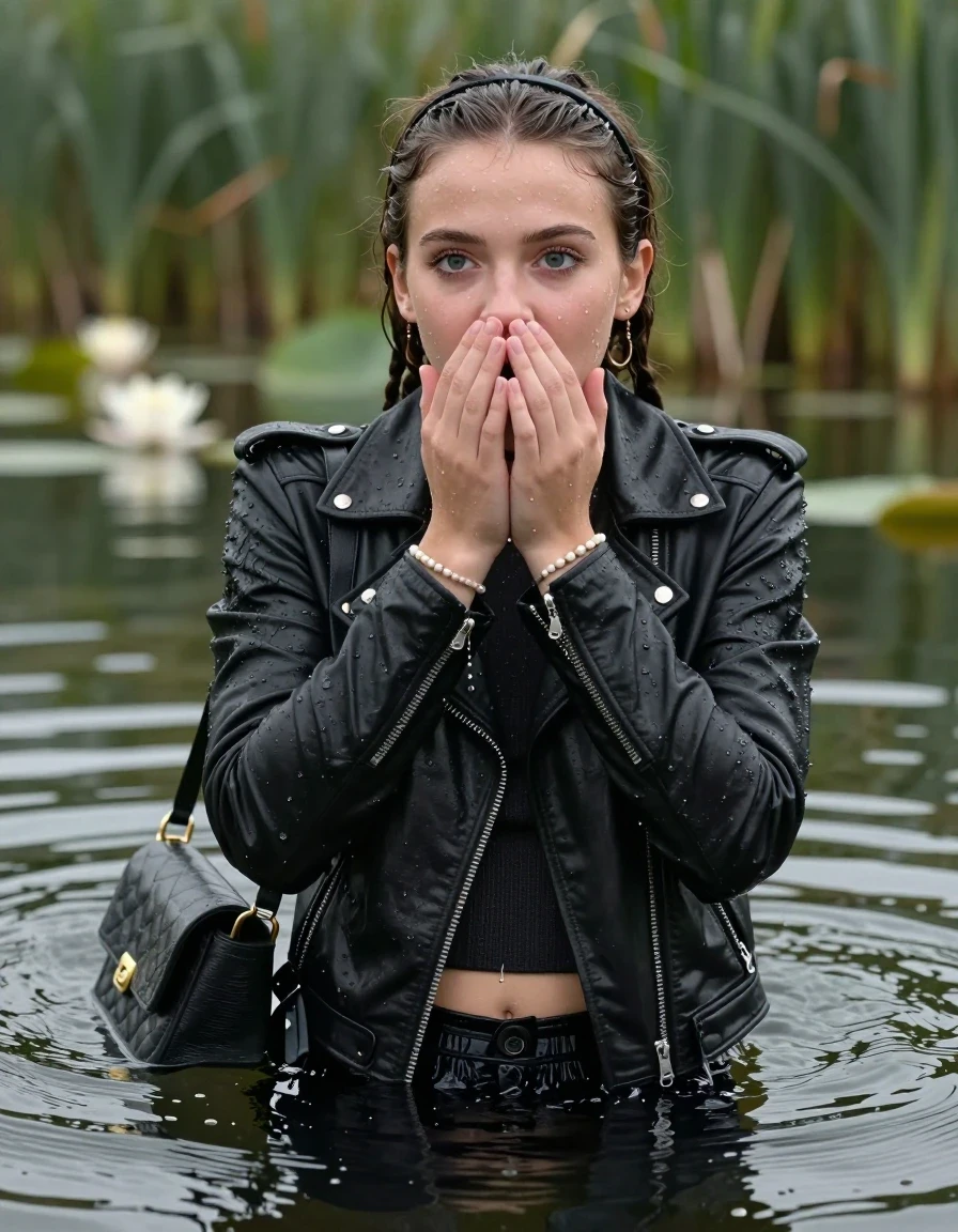 photo of young woman, in soaking wet, drenched clothes,
, , black biker leatherjacket,  closed jacket, tight knit turtleneck sweater belly free, shoulderbag, pearl necklace, bracelet, wristwatch, Swimming and sinking deep into the water after diving in a lake with water lilies and reeds, 
enjoying, wet clothes stuck to body,
detailed textures of the wet clothes, wet face, wet plastered hair,
wet, drenched, professional, high-quality details, full body view.
sharp focus, ultra-high pixel detail, realistic, high-quality, full colors, incredibly detailed, 4k, 8k, 16k, hyper-realistic, RAW photo, masterpiece, ultra-detailed, professionally color graded, professional photograph, braided hair, hairband

15 years old  teenage girl

Looking away, Whole body and shoulders are submerged under the surface. open mouth, big eyes. Make-up.

she is completely underwater up to her neck.

hands cover mouth and nose.

her submerged clothes are hardly vusible under water, she soaked her handbag into the water
she is completely underwater up to her neck, astonished expression. 

her clothing is soaking wet and clinging tightly to her skin, showing heavy wet folds, darkened fabric texture, and deep water-saturated Patches, her clothes are heavy from the water, water runs from her body and her clothes in streams. A lot of water also runs out of her clothes. Her clothes are darkened by the water. Her submerged clothes are good visible under the water.  she soaked her handbag into the water.

close up view, wet skin, wet clothes, wet hair, damp fabric, water runs down the clothes, wet skin, wet clothes, damp fabric. cinematic medium shot, hyper-realistic wetness, high-contrast water sheen, sharp focus, 16k resolution, professional photography, realistic water physics., wet skin, wet clothes, damp fabric, wet skin, wet clothes, damp fabric, wet skin, wet clothes, damp fabric, wet skin, wet clothes, damp fabric, wet skin, wet clothes, damp fabric