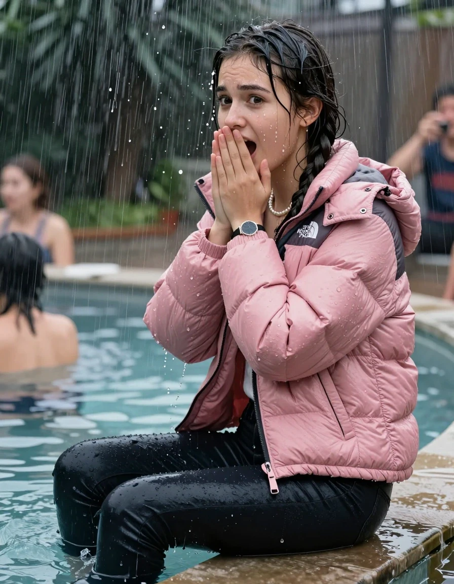 photo of young woman, in soaking wet, drenched clothes,
, Dark skinny jeans, Pink north face puffer down jacket, Open jacket, tight v-neck sweater, shoulderbag, pearl necklace, bracelet, wristwatch, Steaming outdoor jacuzzi at crowded wetlook party, 
enjoying, wet clothes stuck to body,
detailed textures of the wet clothes, wet face, wet plastered hair,
wet, drenched, professional, high-quality details, full body view.
sharp focus, ultra-high pixel detail, realistic, high-quality, full colors, incredibly detailed, 4k, 8k, 16k, hyper-realistic, RAW photo, masterpiece, ultra-detailed, professionally color graded, professional photograph, A realistic vertical fashion photograph taken from a backward, behind-the-back angle of a young teenage girl sitting on the edge of the pool while it pours water on her during a heavy storm, facing to the camera to show her back. She is tilting her head at camera, letting the water drench her hair so it is glued flat against her head and body. She has two long braids , completely saturated and dripping wet hair, with water cascading down her face and neck. Afraid and astonished expression. cover her mouth with her hands. open mouth, big eyes. The lighting is bright and cinematic, highlighting the glistening water droplets on her skin and the saturated texture of her  casual clothes. Soft, moody indoor lighting with reflections on the water. High-quality fashion photography style.
her clothing is soaking wet and clinging tightly to her skin, showing heavy wet folds, darkened fabric texture, and deep water-saturated Patches, her clothes are heavy from the water, water runs from her body and her clothes in streams. A lot of water also runs out of her clothes. Her clothes are darkened by the water. 
hyper-realistic wetness, high-contrast water sheen, sharp focus, 16k resolution, professional photography, realistic water physics., wet skin, wet clothes, damp fabric, wet skin, wet clothes, damp fabric, wet skin, wet clothes, damp fabric, wet skin, wet clothes, damp fabric, wet skin, wet clothes, damp fabric, wet skin, wet clothes, damp fabric, wet skin, wet clothes, damp fabric, wet skin, wet clothes, damp fabric, wet skin, wet clothes, damp fabric, wet skin, wet clothes, damp fabric, wet skin, wet clothes, damp fabric, wet skin, wet clothes, damp fabric, wet skin, wet clothes, damp fabric, wet skin, wet clothes, damp fabric, wet skin, wet clothes, damp fabric, wet skin, wet clothes, damp fabric