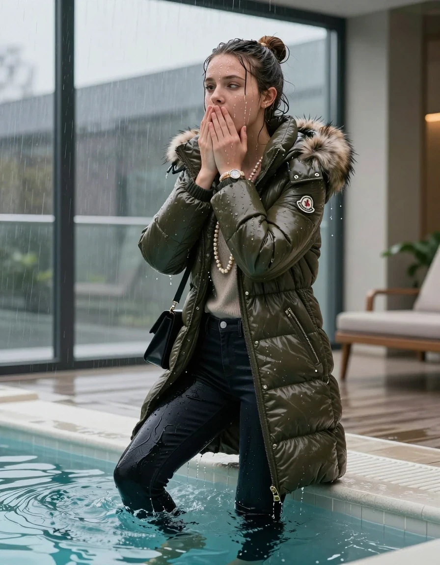 photo of young woman, in soaking wet, drenched clothes,
black heels, Dark skinny jeans, olive moncler long shiny puffer down coat with fur, Open jacket, tight v-neck sweater, shoulderbag, pearl necklace, bracelet, wristwatch, Steaming indoor jacuzzi , 
enjoying, wet clothes stuck to body,
detailed textures of the wet clothes, wet face, wet plastered hair,
wet, drenched, professional, high-quality details, full body view.
sharp focus, ultra-high pixel detail, realistic, high-quality, full colors, incredibly detailed, 4k, 8k, 16k, hyper-realistic, RAW photo, masterpiece, ultra-detailed, professionally color graded, professional photograph, A realistic vertical fashion photograph of a 15-year-old teenage girl slides back from the edge into the water of a glass-walled outdoor swimming pool, facing up to show her back. She is tilting her head at camera, letting the water drench her hair so it is glued flat against her head and body. She has a topknot, completely saturated and dripping wet hair, with water cascading down her face and neck. Afraid and astonished expression. She hold her hands over her mouth. half closed eyes eyes. The lighting is bright and cinematic, highlighting the glistening water droplets on her skin and the saturated texture of her  casual clothes. Outside the large glass wall of the pool building, heavy rain is visible falling against the window. Soft, moody indoor lighting with reflections on the water. High-quality fashion photography style.
her clothing is soaking wet and clinging tightly to her skin, showing heavy wet folds, darkened fabric texture, and deep water-saturated Patches, her clothes are heavy from the water, water runs from her body and her clothes in streams. A lot of water also runs out of her clothes. Her clothes are darkened by the water. 
hyper-realistic wetness, high-contrast water sheen, sharp focus, 16k resolution, professional photography, realistic water physics., wet skin, wet clothes, damp fabric, wet skin, wet clothes, damp fabric, wet skin, wet clothes, damp fabric, wet skin, wet clothes, damp fabric, wet skin, wet clothes, damp fabric, wet skin, wet clothes, damp fabric, wet skin, wet clothes, damp fabric, wet skin, wet clothes, damp fabric, wet skin, wet clothes, damp fabric, wet skin, wet clothes, damp fabric, wet skin, wet clothes, damp fabric, wet skin, wet clothes, damp fabric, wet skin, wet clothes, damp fabric, wet skin, wet clothes, damp fabric, wet skin, wet clothes, damp fabric, wet skin, wet clothes, damp fabric, wet skin, wet clothes, damp fabric, wet skin, wet clothes, damp fabric