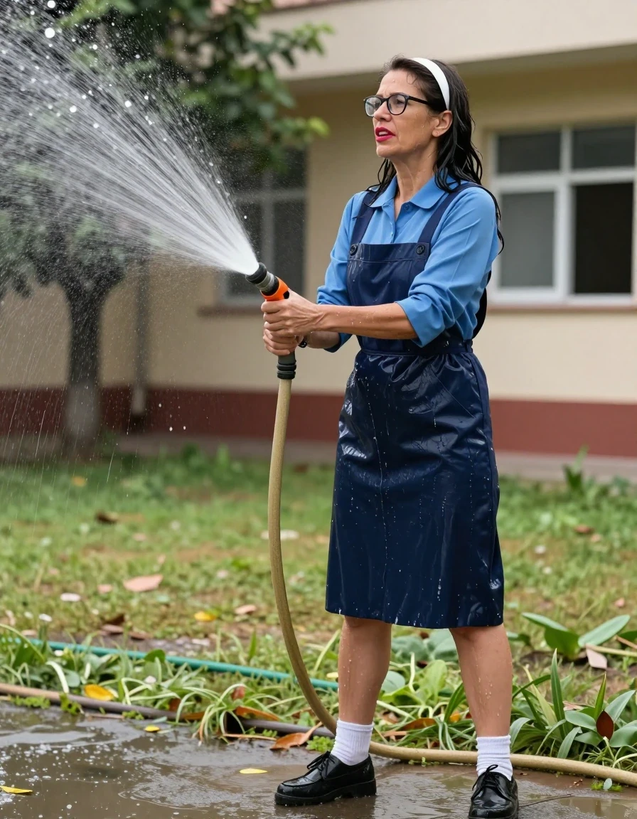 photo of young woman, in soaking wet, drenched clothes,
black shoes, white socks, long School blue pinafore to wear over a blue long-sleeved shirt, long School blue pinafore to wear over a blue long-sleeved shirt, spraying each other with the hose in the sunny schoolyard, enjoying wet clothes stuck body, enjoying, wet clothes stuck to body, 
enjoying, wet clothes stuck to body,
detailed textures of the wet clothes, wet face, wet plastered hair,
wet, drenched, professional, high-quality details, full body view.
sharp focus, ultra-high pixel detail, realistic, high-quality, full colors, incredibly detailed, 4k, 8k, 16k, hyper-realistic, RAW photo, masterpiece, ultra-detailed, professionally color graded, professional photograph, europen brunette skinny woman 50 years old, long dark black hair,white headband, office glasses, very big and thick lips, complete body, wet skin, wet clothes, damp fabric, wet skin, wet clothes, damp fabric, wet skin, wet clothes, damp fabric, wet skin, wet clothes, damp fabric, wet skin, wet clothes, damp fabric, wet skin, wet clothes, damp fabric, wet skin, wet clothes, damp fabric