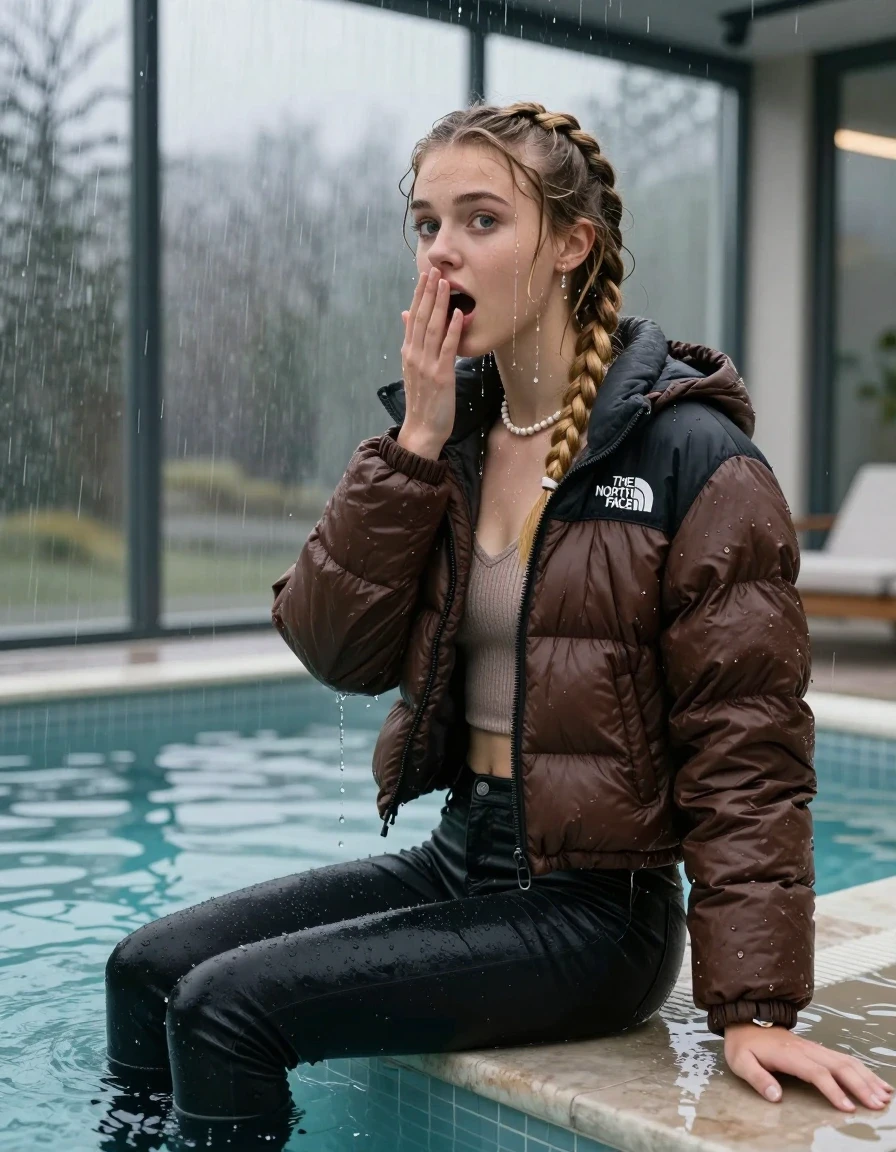 photo of young woman, in soaking wet, drenched clothes,
, Dark skinny jeans, brown north face puffer down jacket, Open jacket, tight v-neck sweater, shoulderbag, pearl necklace, bracelet, wristwatch, Steaming indoor jacuzzi , 
enjoying, wet clothes stuck to body,
detailed textures of the wet clothes, wet face, wet plastered hair,
wet, drenched, professional, high-quality details, full body view.
sharp focus, ultra-high pixel detail, realistic, high-quality, full colors, incredibly detailed, 4k, 8k, 16k, hyper-realistic, RAW photo, masterpiece, ultra-detailed, professionally color graded, professional photograph, A realistic vertical fashion photograph taken from a backward, behind-the-back angle of a 15-year-old teenage girl sitting  in a glass-walled outdoor swimming pool, facing to the camera to show her back. She is tilting her head at camera, letting the water drench her hair so it is glued flat against her head and body. She has two blonde long braids , completely saturated and dripping wet hair, with water cascading down her face and neck. Afraid and astonished expression. cover her mouth with her hands. open mouth, big eyes. The lighting is bright and cinematic, highlighting the glistening water droplets on her skin and the saturated texture of her  casual clothes. Outside the large glass wall of the pool building, heavy rain is visible falling against the window. Soft, moody indoor lighting with reflections on the water. High-quality fashion photography style.
her clothing is soaking wet and clinging tightly to her skin, showing heavy wet folds, darkened fabric texture, and deep water-saturated Patches, her clothes are heavy from the water, water runs from her body and her clothes in streams. A lot of water also runs out of her clothes. Her clothes are darkened by the water. 
hyper-realistic wetness, high-contrast water sheen, sharp focus, 16k resolution, professional photography, realistic water physics., wet skin, wet clothes, damp fabric, wet skin, wet clothes, damp fabric, wet skin, wet clothes, damp fabric, wet skin, wet clothes, damp fabric, wet skin, wet clothes, damp fabric, wet skin, wet clothes, damp fabric, wet skin, wet clothes, damp fabric, wet skin, wet clothes, damp fabric, wet skin, wet clothes, damp fabric, wet skin, wet clothes, damp fabric, wet skin, wet clothes, damp fabric, wet skin, wet clothes, damp fabric, wet skin, wet clothes, damp fabric, wet skin, wet clothes, damp fabric, wet skin, wet clothes, damp fabric, wet skin, wet clothes, damp fabric, wet skin, wet clothes, damp fabric, wet skin, wet clothes, damp fabric