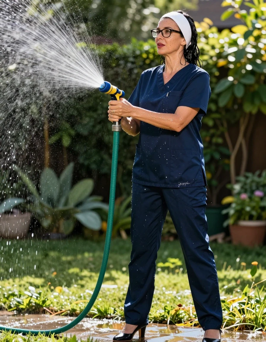 photo of young woman, in soaking wet, drenched clothes,
high-heeled shoes, dark blue scrubs, dark blue scrubs, spraying each other with the hose in the sunny garden, enjoying wet clothes stuck body, enjoying, wet clothes stuck to body, 
enjoying, wet clothes stuck to body,
detailed textures of the wet clothes, wet face, wet plastered hair,
wet, drenched, professional, high-quality details, full body view.
sharp focus, ultra-high pixel detail, realistic, high-quality, full colors, incredibly detailed, 4k, 8k, 16k, hyper-realistic, RAW photo, masterpiece, ultra-detailed, professionally color graded, professional photograph, europen brunette skinny woman 50 years old, long dark black hair,white headband, office glasses, very big and thick lips, complete body, wet skin, wet clothes, damp fabric, wet skin, wet clothes, damp fabric, wet skin, wet clothes, damp fabric, wet skin, wet clothes, damp fabric, wet skin, wet clothes, damp fabric, wet skin, wet clothes, damp fabric, wet skin, wet clothes, damp fabric