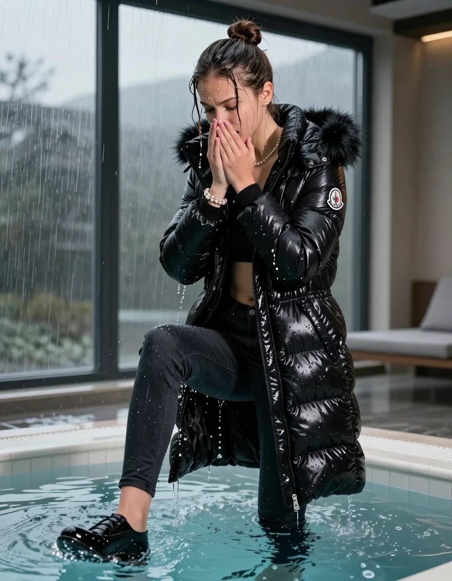 photo of young woman, in soaking wet, drenched clothes,
black heels, Dark skinny jeans, black moncler long shiny puffer down coat with fur, Open jacket, tight v-neck sweater, shoulderbag, pearl necklace, bracelet, wristwatch, Steaming indoor jacuzzi , 
enjoying, wet clothes stuck to body,
detailed textures of the wet clothes, wet face, wet plastered hair,
wet, drenched, professional, high-quality details, full body view.
sharp focus, ultra-high pixel detail, realistic, high-quality, full colors, incredibly detailed, 4k, 8k, 16k, hyper-realistic, RAW photo, masterpiece, ultra-detailed, professionally color graded, professional photograph, A realistic vertical fashion photograph of a 15-year-old teenage girl slides back from the edge into the water of a glass-walled outdoor swimming pool, facing down to show her back. She is tilting her head at camera, letting the water drench her hair so it is glued flat against her head and body. She has a topknot, completely saturated and dripping wet hair, with water cascading down her face and neck. Afraid and astonished expression. She hold her hands over her mouth and nose. half closed eyes eyes. The lighting is bright and cinematic, highlighting the glistening water droplets on her skin and the saturated texture of her  casual clothes. Outside the large glass wall of the pool building, heavy rain is visible falling against the window. Soft, moody indoor lighting with reflections on the water. High-quality fashion photography style.
her clothing is soaking wet and clinging tightly to her skin, showing heavy wet folds, darkened fabric texture, and deep water-saturated Patches, her clothes are heavy from the water, water runs from her body and her clothes in streams. A lot of water also runs out of her clothes. Her clothes are darkened by the water. 
hyper-realistic wetness, high-contrast water sheen, sharp focus, 16k resolution, professional photography, realistic water physics., wet skin, wet clothes, damp fabric, wet skin, wet clothes, damp fabric, wet skin, wet clothes, damp fabric, wet skin, wet clothes, damp fabric, wet skin, wet clothes, damp fabric, wet skin, wet clothes, damp fabric, wet skin, wet clothes, damp fabric, wet skin, wet clothes, damp fabric, wet skin, wet clothes, damp fabric, wet skin, wet clothes, damp fabric, wet skin, wet clothes, damp fabric, wet skin, wet clothes, damp fabric, wet skin, wet clothes, damp fabric, wet skin, wet clothes, damp fabric, wet skin, wet clothes, damp fabric, wet skin, wet clothes, damp fabric, wet skin, wet clothes, damp fabric, wet skin, wet clothes, damp fabric