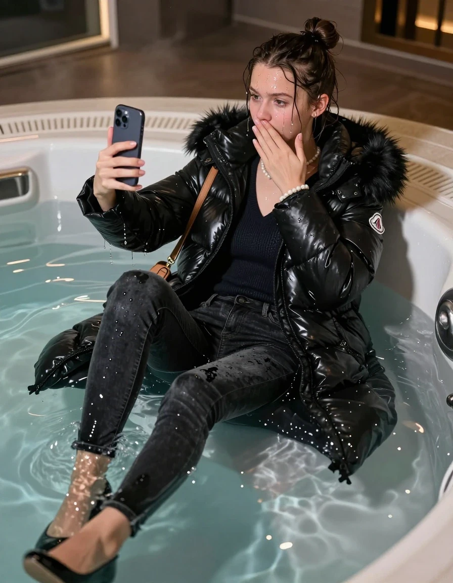 photo of young woman, in soaking wet, drenched clothes,
black heels, Dark skinny jeans, black moncler long shiny puffer down coat with fur, Open jacket, tight v-neck sweater, shoulderbag, pearl necklace, bracelet, wristwatch, Steaming indoor jacuzzi at night, warm lightning, 
enjoying, wet clothes stuck to body,
detailed textures of the wet clothes, wet face, wet plastered hair,
wet, drenched, professional, high-quality details, full body view.
sharp focus, ultra-high pixel detail, realistic, high-quality, full colors, incredibly detailed, 4k, 8k, 16k, hyper-realistic, RAW photo, masterpiece, ultra-detailed, professionally color graded, professional photograph, A realistic vertical fashion photograph of a 15-year-old teenage girl lying half submerged into the water of a steaming indoor jacuzzi, facing away to show her back. She is tilting her head at camera, letting the water drench her hair so it is glued flat against her head and body. She has a topknot, completely saturated and dripping wet hair, with water cascading down her face and neck. Afraid and astonished expression. She hold a hand over her mouth and nose and take a selfie with her smartphone. half closed eyes eyes. The lighting is bright and cinematic, highlighting the glistening water droplets on her skin and the saturated texture of her  casual clothes. Soft, moody indoor lighting with reflections on the water. High-quality fashion photography style.
her clothing is soaking wet and clinging tightly to her skin, showing heavy wet folds, darkened fabric texture, and deep water-saturated Patches, her clothes are heavy from the water, water runs from her body and her clothes in streams. A lot of water also runs out of her clothes. Her clothes are darkened by the water. 
hyper-realistic wetness, high-contrast water sheen, sharp focus, 16k resolution, professional photography, realistic water physics., wet skin, wet clothes, damp fabric, wet skin, wet clothes, damp fabric, wet skin, wet clothes, damp fabric, wet skin, wet clothes, damp fabric, wet skin, wet clothes, damp fabric, wet skin, wet clothes, damp fabric, wet skin, wet clothes, damp fabric, wet skin, wet clothes, damp fabric, wet skin, wet clothes, damp fabric, wet skin, wet clothes, damp fabric, wet skin, wet clothes, damp fabric, wet skin, wet clothes, damp fabric, wet skin, wet clothes, damp fabric, wet skin, wet clothes, damp fabric, wet skin, wet clothes, damp fabric, wet skin, wet clothes, damp fabric, wet skin, wet clothes, damp fabric, wet skin, wet clothes, damp fabric
