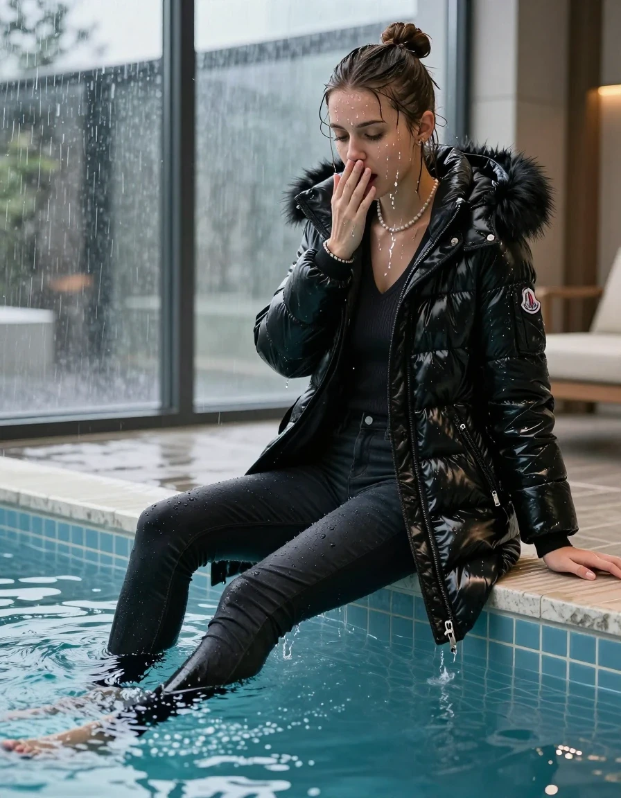 photo of young woman, in soaking wet, drenched clothes,
black heels, Dark skinny jeans, black moncler long shiny puffer down coat with fur, Open jacket, tight v-neck sweater, shoulderbag, pearl necklace, bracelet, wristwatch, Steaming indoor jacuzzi , 
enjoying, wet clothes stuck to body,
detailed textures of the wet clothes, wet face, wet plastered hair,
wet, drenched, professional, high-quality details, full body view.
sharp focus, ultra-high pixel detail, realistic, high-quality, full colors, incredibly detailed, 4k, 8k, 16k, hyper-realistic, RAW photo, masterpiece, ultra-detailed, professionally color graded, professional photograph, A realistic vertical fashion photograph of a 15-year-old teenage girl slides back from the edge into the water of a glass-walled outdoor swimming pool, facing down to show her back. She is tilting her head at camera, letting the water drench her hair so it is glued flat against her head and body. She has a topknot, completely saturated and dripping wet hair, with water cascading down her face and neck. Afraid and astonished expression. She hold her hands over her mouth. half closed eyes eyes. The lighting is bright and cinematic, highlighting the glistening water droplets on her skin and the saturated texture of her  casual clothes. Outside the large glass wall of the pool building, heavy rain is visible falling against the window. Soft, moody indoor lighting with reflections on the water. High-quality fashion photography style.
her clothing is soaking wet and clinging tightly to her skin, showing heavy wet folds, darkened fabric texture, and deep water-saturated Patches, her clothes are heavy from the water, water runs from her body and her clothes in streams. A lot of water also runs out of her clothes. Her clothes are darkened by the water. 
hyper-realistic wetness, high-contrast water sheen, sharp focus, 16k resolution, professional photography, realistic water physics., wet skin, wet clothes, damp fabric, wet skin, wet clothes, damp fabric, wet skin, wet clothes, damp fabric, wet skin, wet clothes, damp fabric, wet skin, wet clothes, damp fabric, wet skin, wet clothes, damp fabric, wet skin, wet clothes, damp fabric, wet skin, wet clothes, damp fabric, wet skin, wet clothes, damp fabric, wet skin, wet clothes, damp fabric, wet skin, wet clothes, damp fabric, wet skin, wet clothes, damp fabric, wet skin, wet clothes, damp fabric, wet skin, wet clothes, damp fabric, wet skin, wet clothes, damp fabric, wet skin, wet clothes, damp fabric, wet skin, wet clothes, damp fabric, wet skin, wet clothes, damp fabric