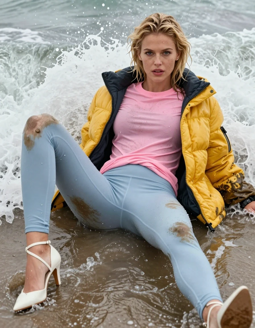 photo of young woman, in soaking wet, drenched clothes,
 white strappy stilettos , Dirty pale blue leggings , Very muddy yellow puffer jacket , dirty pink t-shirt , Lying in surf, legs apart, wet, 
enjoying, wet clothes stuck to body,
detailed textures of the wet clothes, wet face, wet plastered hair,
wet, drenched, professional, high-quality details, full body view.
sharp focus, ultra-high pixel detail, realistic, high-quality, full colors, incredibly detailed, 4k, 8k, 16k, hyper-realistic, RAW photo, masterpiece, ultra-detailed, professionally color graded, professional photograph, Blonde, soaking wet, wet skin, wet clothes, damp fabric