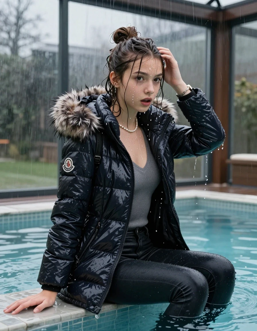 photo of young woman, in soaking wet, drenched clothes,
, Dark skinny jeans, moncler long shiny puffer down coat with fur, Open jacket, tight v-neck sweater, shoulderbag, pearl necklace, bracelet, wristwatch, Steaming indoor jacuzzi , 
enjoying, wet clothes stuck to body,
detailed textures of the wet clothes, wet face, wet plastered hair,
wet, drenched, professional, high-quality details, full body view.
sharp focus, ultra-high pixel detail, realistic, high-quality, full colors, incredibly detailed, 4k, 8k, 16k, hyper-realistic, RAW photo, masterpiece, ultra-detailed, professionally color graded, professional photograph, A realistic vertical fashion photograph taken from a backward, behind-the-back angle of a 15-year-old teenage girl sitting  in a glass-walled outdoor swimming pool, facing to the camera to show her back. She is tilting her head at camera, letting the water drench her hair so it is glued flat against her head and body. She has half-up hair with a topknot, completely saturated and dripping wet hair, with water cascading down her face and neck. Afraid and astonished expression. She hold a hand in front of her head. open mouth, big eyes. The lighting is bright and cinematic, highlighting the glistening water droplets on her skin and the saturated texture of her  casual clothes. Outside the large glass wall of the pool building, heavy rain is visible falling against the window. Soft, moody indoor lighting with reflections on the water. High-quality fashion photography style.
her clothing is soaking wet and clinging tightly to her skin, showing heavy wet folds, darkened fabric texture, and deep water-saturated Patches, her clothes are heavy from the water, water runs from her body and her clothes in streams. A lot of water also runs out of her clothes. Her clothes are darkened by the water. 
hyper-realistic wetness, high-contrast water sheen, sharp focus, 16k resolution, professional photography, realistic water physics., wet skin, wet clothes, damp fabric, wet skin, wet clothes, damp fabric, wet skin, wet clothes, damp fabric, wet skin, wet clothes, damp fabric, wet skin, wet clothes, damp fabric, wet skin, wet clothes, damp fabric, wet skin, wet clothes, damp fabric, wet skin, wet clothes, damp fabric, wet skin, wet clothes, damp fabric, wet skin, wet clothes, damp fabric, wet skin, wet clothes, damp fabric, wet skin, wet clothes, damp fabric, wet skin, wet clothes, damp fabric, wet skin, wet clothes, damp fabric, wet skin, wet clothes, damp fabric, wet skin, wet clothes, damp fabric, wet skin, wet clothes, damp fabric, wet skin, wet clothes, damp fabric