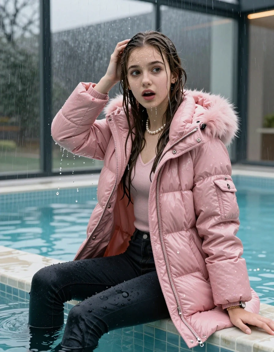 photo of young woman, in soaking wet, drenched clothes,
, Dark skinny jeans, pink moncler long shiny puffer down coat with fur, Open jacket, tight v-neck sweater, shoulderbag, pearl necklace, bracelet, wristwatch, Steaming indoor jacuzzi , 
enjoying, wet clothes stuck to body,
detailed textures of the wet clothes, wet face, wet plastered hair,
wet, drenched, professional, high-quality details, full body view.
sharp focus, ultra-high pixel detail, realistic, high-quality, full colors, incredibly detailed, 4k, 8k, 16k, hyper-realistic, RAW photo, masterpiece, ultra-detailed, professionally color graded, professional photograph, A realistic vertical fashion photograph taken from a backward, behind-the-back angle of a 15-year-old teenage girl sitting  in a glass-walled outdoor swimming pool, facing to the camera to show her back. She is tilting her head at camera, letting the water drench her hair so it is glued flat against her head and body. She has brunette sleek long straight hair with middle parting, completely saturated and dripping wet hair, with water cascading down her face and neck. Afraid and astonished expression. She hold a hand in front of her head. open mouth, big eyes. The lighting is bright and cinematic, highlighting the glistening water droplets on her skin and the saturated texture of her  casual clothes. Outside the large glass wall of the pool building, heavy rain is visible falling against the window. Soft, moody indoor lighting with reflections on the water. High-quality fashion photography style.
her clothing is soaking wet and clinging tightly to her skin, showing heavy wet folds, darkened fabric texture, and deep water-saturated Patches, her clothes are heavy from the water, water runs from her body and her clothes in streams. A lot of water also runs out of her clothes. Her clothes are darkened by the water. 
hyper-realistic wetness, high-contrast water sheen, sharp focus, 16k resolution, professional photography, realistic water physics., wet skin, wet clothes, damp fabric, wet skin, wet clothes, damp fabric, wet skin, wet clothes, damp fabric, wet skin, wet clothes, damp fabric, wet skin, wet clothes, damp fabric, wet skin, wet clothes, damp fabric, wet skin, wet clothes, damp fabric, wet skin, wet clothes, damp fabric, wet skin, wet clothes, damp fabric, wet skin, wet clothes, damp fabric, wet skin, wet clothes, damp fabric, wet skin, wet clothes, damp fabric, wet skin, wet clothes, damp fabric, wet skin, wet clothes, damp fabric, wet skin, wet clothes, damp fabric, wet skin, wet clothes, damp fabric, wet skin, wet clothes, damp fabric, wet skin, wet clothes, damp fabric