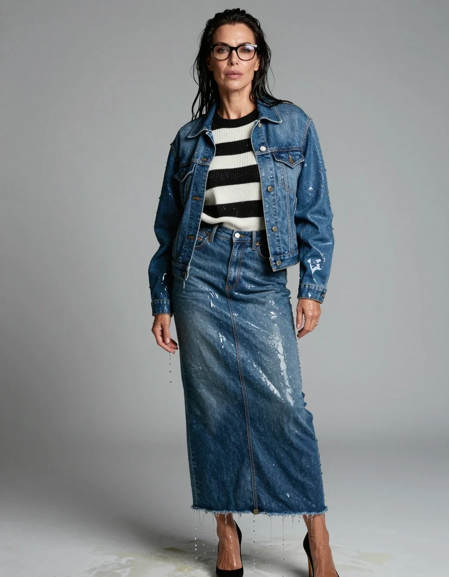photo of young woman, in soaking wet, drenched clothes,
high-heeled shoes, shiny blue denim maxi skirt, shiny black & wihite striped sweater, maxi shiny blue denim jacket, enjoying wet clothes stuck body, enjoying, wet clothes stuck to body, 
enjoying, wet clothes stuck to body,
detailed textures of the wet clothes, wet face, wet plastered hair,
wet, drenched, professional, high-quality details, full body view.
sharp focus, ultra-high pixel detail, realistic, high-quality, full colors, incredibly detailed, 4k, 8k, 16k, hyper-realistic, RAW photo, masterpiece, ultra-detailed, professionally color graded, professional photograph, europen brunette skinny woman 50 years old, long dark black hair, office glasses, very big and thick lips, complete body, wet skin, wet clothes, damp fabric, wet skin, wet clothes, damp fabric, wet skin, wet clothes, damp fabric, wet skin, wet clothes, damp fabric, wet skin, wet clothes, damp fabric, wet skin, wet clothes, damp fabric, wet skin, wet clothes, damp fabric