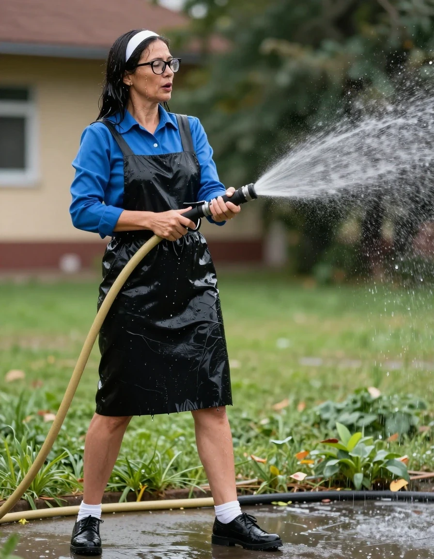 photo of young woman, in soaking wet, drenched clothes,
black shoes, white socks, long School black pinafore to wear over a blue long-sleeved shirt, long School black pinafore to wear over a blue long-sleeved shirt, spraying each other with the hose in the schoolyard, enjoying wet clothes stuck body, enjoying, wet clothes stuck to body, 
enjoying, wet clothes stuck to body,
detailed textures of the wet clothes, wet face, wet plastered hair,
wet, drenched, professional, high-quality details, full body view.
sharp focus, ultra-high pixel detail, realistic, high-quality, full colors, incredibly detailed, 4k, 8k, 16k, hyper-realistic, RAW photo, masterpiece, ultra-detailed, professionally color graded, professional photograph, europen brunette skinny woman 50 years old, long dark black hair,white headband, office glasses, very big and thick lips, complete body, wet skin, wet clothes, damp fabric, wet skin, wet clothes, damp fabric, wet skin, wet clothes, damp fabric, wet skin, wet clothes, damp fabric, wet skin, wet clothes, damp fabric, wet skin, wet clothes, damp fabric, wet skin, wet clothes, damp fabric