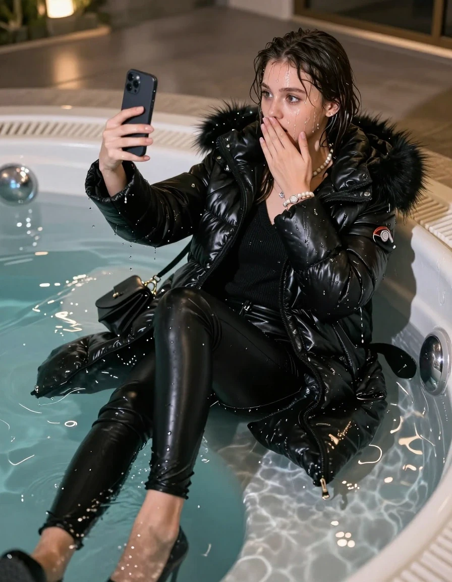 photo of young woman, in soaking wet, drenched clothes,
black heels, Tight black leatherleggings, black moncler long shiny puffer down coat with fur, Open jacket, tight v-neck sweater, shoulderbag, pearl necklace, bracelet, wristwatch, Steaming indoor jacuzzi at night, warm lightning, 
enjoying, wet clothes stuck to body,
detailed textures of the wet clothes, wet face, wet plastered hair,
wet, drenched, professional, high-quality details, full body view.
sharp focus, ultra-high pixel detail, realistic, high-quality, full colors, incredibly detailed, 4k, 8k, 16k, hyper-realistic, RAW photo, masterpiece, ultra-detailed, professionally color graded, professional photograph, A realistic vertical fashion photograph of a 15-year-old teenage girl lying half submerged into the water of a steaming indoor jacuzzi, facing away to show her back. She is tilting her head at camera, letting the water drench her hair so it is glued flat against her head and body. She has a collarbone bob, completely saturated and dripping wet hair, with water cascading down her face and neck. surprised expression. She hold a hand over her mouth and nose and take a selfie with her smartphone. open mouth, half closed eyes eyes. she soaked her handbag in the water. The lighting is bright and cinematic, highlighting the glistening water droplets on her skin and the saturated texture of her  casual clothes. Soft, moody indoor lighting with reflections on the water. High-quality fashion photography style.
her clothing is soaking wet and clinging tightly to her skin, showing heavy wet folds, darkened fabric texture, and deep water-saturated Patches, her clothes are heavy from the water, water runs from her body and her clothes in streams. A lot of water also runs out of her clothes. Her clothes are darkened by the water. 
hyper-realistic wetness, high-contrast water sheen, sharp focus, 16k resolution, professional photography, realistic water physics., wet skin, wet clothes, damp fabric, wet skin, wet clothes, damp fabric, wet skin, wet clothes, damp fabric, wet skin, wet clothes, damp fabric, wet skin, wet clothes, damp fabric, wet skin, wet clothes, damp fabric, wet skin, wet clothes, damp fabric, wet skin, wet clothes, damp fabric, wet skin, wet clothes, damp fabric, wet skin, wet clothes, damp fabric, wet skin, wet clothes, damp fabric, wet skin, wet clothes, damp fabric, wet skin, wet clothes, damp fabric, wet skin, wet clothes, damp fabric, wet skin, wet clothes, damp fabric, wet skin, wet clothes, damp fabric, wet skin, wet clothes, damp fabric, wet skin, wet clothes, damp fabric