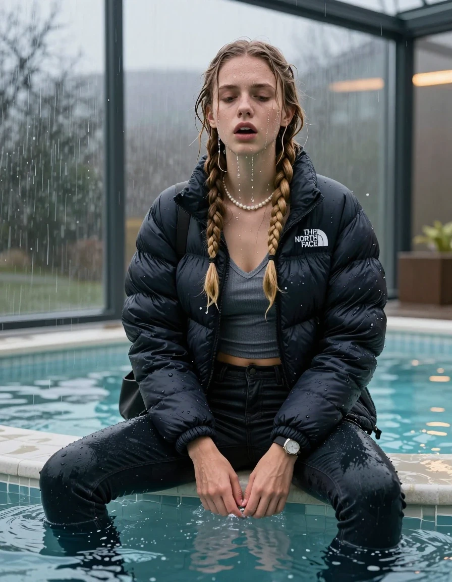 photo of young woman, in soaking wet, drenched clothes,
, Dark skinny jeans,  north face puffer down jacket, Open jacket, tight v-neck sweater, shoulderbag, pearl necklace, bracelet, wristwatch, Steaming indoor jacuzzi , 
enjoying, wet clothes stuck to body,
detailed textures of the wet clothes, wet face, wet plastered hair,
wet, drenched, professional, high-quality details, full body view.
sharp focus, ultra-high pixel detail, realistic, high-quality, full colors, incredibly detailed, 4k, 8k, 16k, hyper-realistic, RAW photo, masterpiece, ultra-detailed, professionally color graded, professional photograph, A realistic vertical fashion photograph of a 15-year-old teenage girl sitting  in a glass-walled outdoor swimming pool, legs apart, masterbating , hands in the crotch, looking to the camera. She is tilting her head at camera, letting the water drench her hair so it is glued flat against her head and body. She has two blonde long braids , completely saturated and dripping wet hair, with water cascading down her face and neck. Afraid and astonished expression. open mouth, closed eyes. The lighting is bright and cinematic, highlighting the glistening water droplets on her skin and the saturated texture of her  casual clothes. Outside the large glass wall of the pool building, heavy rain is visible falling against the window. Soft, moody indoor lighting with reflections on the water. High-quality fashion photography style.
her clothing is soaking wet and clinging tightly to her skin, showing heavy wet folds, darkened fabric texture, and deep water-saturated Patches, her clothes are heavy from the water, water runs from her body and her clothes in streams. A lot of water also runs out of her clothes. Her clothes are darkened by the water. 
hyper-realistic wetness, high-contrast water sheen, sharp focus, 16k resolution, professional photography, realistic water physics., wet skin, wet clothes, damp fabric, wet skin, wet clothes, damp fabric, wet skin, wet clothes, damp fabric, wet skin, wet clothes, damp fabric, wet skin, wet clothes, damp fabric, wet skin, wet clothes, damp fabric, wet skin, wet clothes, damp fabric, wet skin, wet clothes, damp fabric, wet skin, wet clothes, damp fabric, wet skin, wet clothes, damp fabric, wet skin, wet clothes, damp fabric, wet skin, wet clothes, damp fabric, wet skin, wet clothes, damp fabric, wet skin, wet clothes, damp fabric, wet skin, wet clothes, damp fabric, wet skin, wet clothes, damp fabric