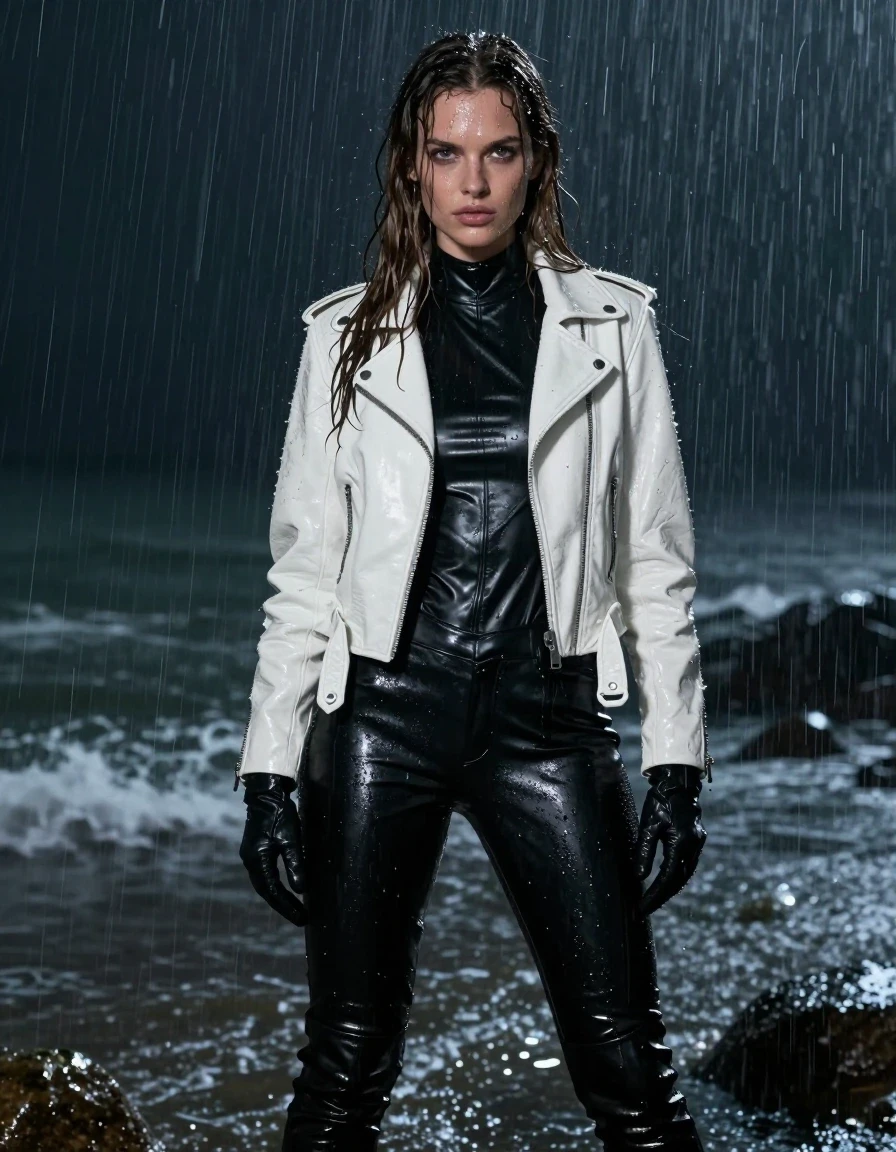 A photorealistic full-body shot of a young adult European woman with long, dripping wet brown hair, standing at a coastal cove during a heavy rainstorm at night. Her skin is drenched with visible water sheen and rivulets, and her clothing is heavily saturated, clinging to her form with deep, dark tones and realistic damp textures. She is wearing a black leather polar neck catsuit that is soaked through, paired with black leather pants and black leather knee-high boots, all featuring a high-gloss wet finish. She wears black leather gloves on both hands and a white biker leather jacket that is drenched and heavily creased from the rain. The fabric of the leather garments shows deep, dark patches, heavy folds, and strong specular reflections from the ambient coastal light. The scene is dark, atmospheric, and moody, with heavy rain falling around her, rendering the environment damp and reflective. High-resolution photography, sharp focus on skin and fabric textures, cinematic lighting, 8k, professional composition, no nudity, fully clothed.