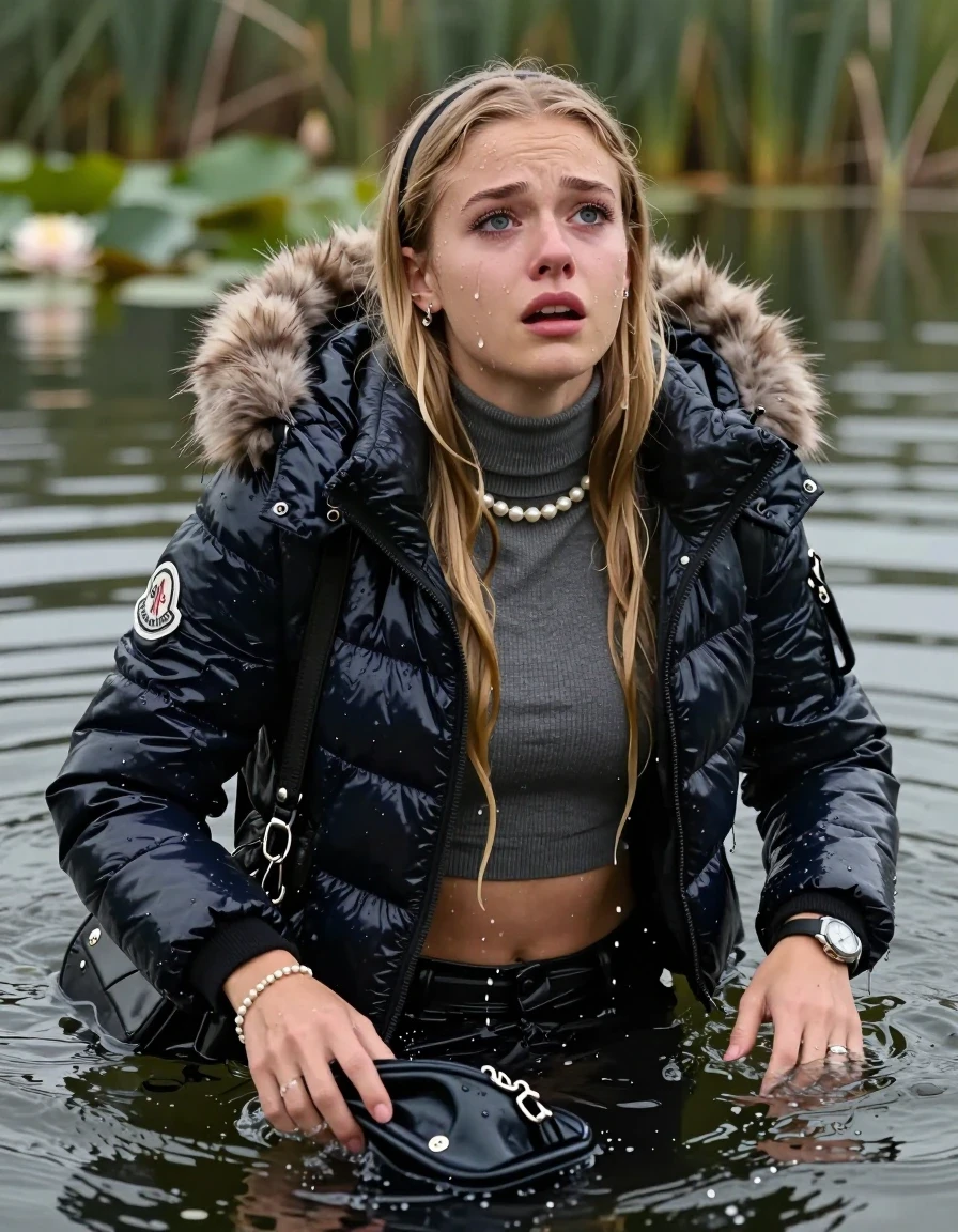 photo of young woman, in soaking wet, drenched clothes,
, , Moncler shiny puffer down jacket with fur, open jacket,  tight turtleneck sweater belly free, shoulderbag, pearl necklace, bracelet, wristwatch, Swimming and sinking deep into the water after diving in a lake with water lilies and reeds, 
enjoying, wet clothes stuck to body,
detailed textures of the wet clothes, wet face, wet plastered hair,
wet, drenched, professional, high-quality details, full body view.
sharp focus, ultra-high pixel detail, realistic, high-quality, full colors, incredibly detailed, 4k, 8k, 16k, hyper-realistic, RAW photo, masterpiece, ultra-detailed, professionally color graded, professional photograph, blonde Sleek long straight hair, hairband

15 years old  teenage girl

Looking up at camera, Whole body and shoulders are submerged under the surface. horny eyes. Make-up.

she is completely underwater up to her neck,  crying and astonished expression. 

Leaning back. 

her submerged clothes are hardly vusible under water, she soaked her handbag into the water
she is completely underwater up to her neck, afraid and astonished expression. 

her clothing is soaking wet and clinging tightly to her skin, showing heavy wet folds, darkened fabric texture, and deep water-saturated Patches, her clothes are heavy from the water, water runs from her body and her clothes in streams. A lot of water also runs out of her clothes. Her clothes are darkened by the water. Her submerged clothes are good visible under the water.  she soaked her handbag into the water.

close up view, wet skin, wet clothes, wet hair, damp fabric, water runs down the clothes, wet skin, wet clothes, damp fabric. cinematic medium shot, hyper-realistic wetness, high-contrast water sheen, sharp focus, 16k resolution, professional photography, realistic water physics., wet skin, wet clothes, damp fabric, wet skin, wet clothes, damp fabric, wet skin, wet clothes, damp fabric, wet skin, wet clothes, damp fabric, wet skin, wet clothes, damp fabric