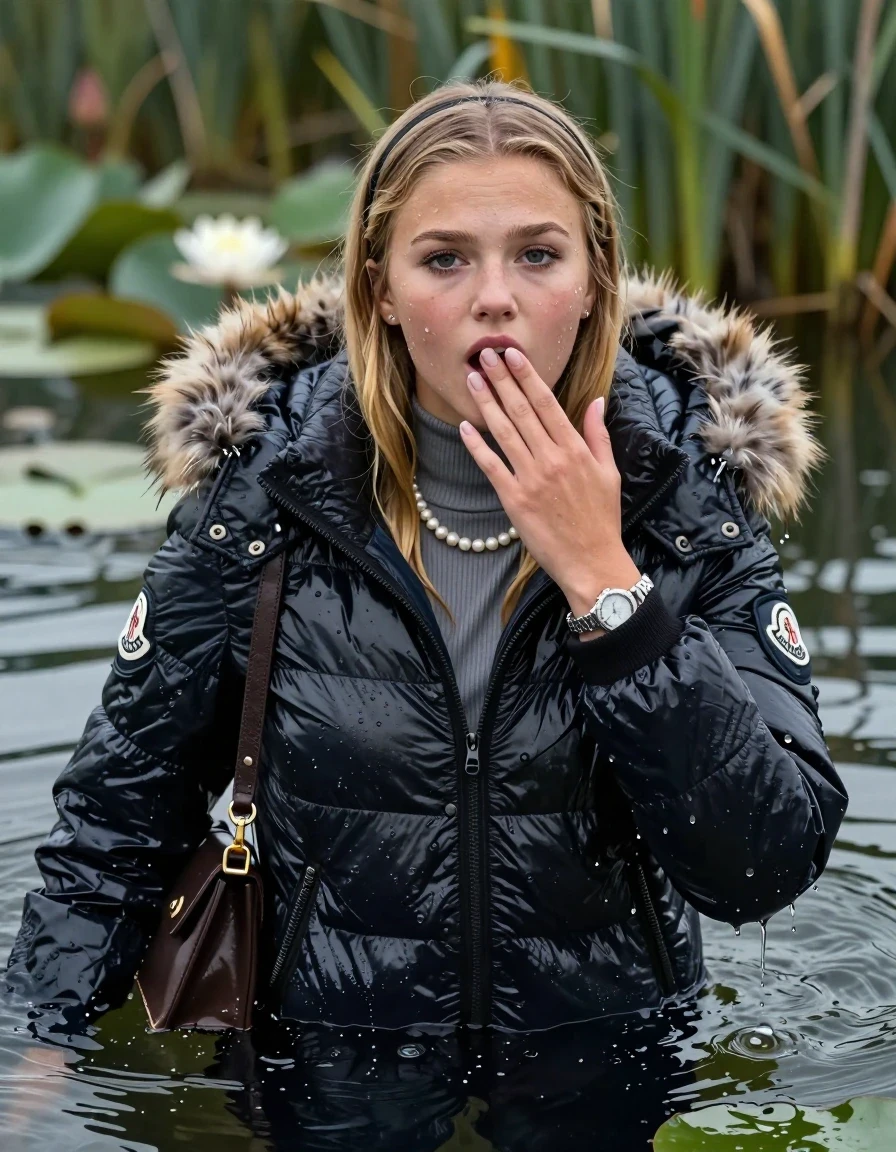 photo of young woman, in soaking wet, drenched clothes,
, , Moncler shiny puffer down jacket with fur, open jacket,  tight turtleneck sweater belly free, shoulderbag, pearl necklace, bracelet, wristwatch, Swimming and sinking deep into the water after diving in a lake with water lilies and reeds, 
enjoying, wet clothes stuck to body,
detailed textures of the wet clothes, wet face, wet plastered hair,
wet, drenched, professional, high-quality details, full body view.
sharp focus, ultra-high pixel detail, realistic, high-quality, full colors, incredibly detailed, 4k, 8k, 16k, hyper-realistic, RAW photo, masterpiece, ultra-detailed, professionally color graded, professional photograph, blonde Sleek long straight hair, hairband

15 years old  teenage girl

Looking up at camera, Whole body and shoulders are submerged under the surface. open mouth, half closed eyes. Make-up.

she is completely underwater up to her neck.

one hand on her mouth.

her submerged clothes are hardly vusible under water, she soaked her handbag into the water
she is completely underwater up to her neck, afraid and astonished expression. 

her clothing is soaking wet and clinging tightly to her skin, showing heavy wet folds, darkened fabric texture, and deep water-saturated Patches, her clothes are heavy from the water, water runs from her body and her clothes in streams. A lot of water also runs out of her clothes. Her clothes are darkened by the water. Her submerged clothes are good visible under the water.  she soaked her handbag into the water.

close up view, wet skin, wet clothes, wet hair, damp fabric, water runs down the clothes, wet skin, wet clothes, damp fabric. cinematic medium shot, hyper-realistic wetness, high-contrast water sheen, sharp focus, 16k resolution, professional photography, realistic water physics., wet skin, wet clothes, damp fabric, wet skin, wet clothes, damp fabric, wet skin, wet clothes, damp fabric, wet skin, wet clothes, damp fabric, wet skin, wet clothes, damp fabric