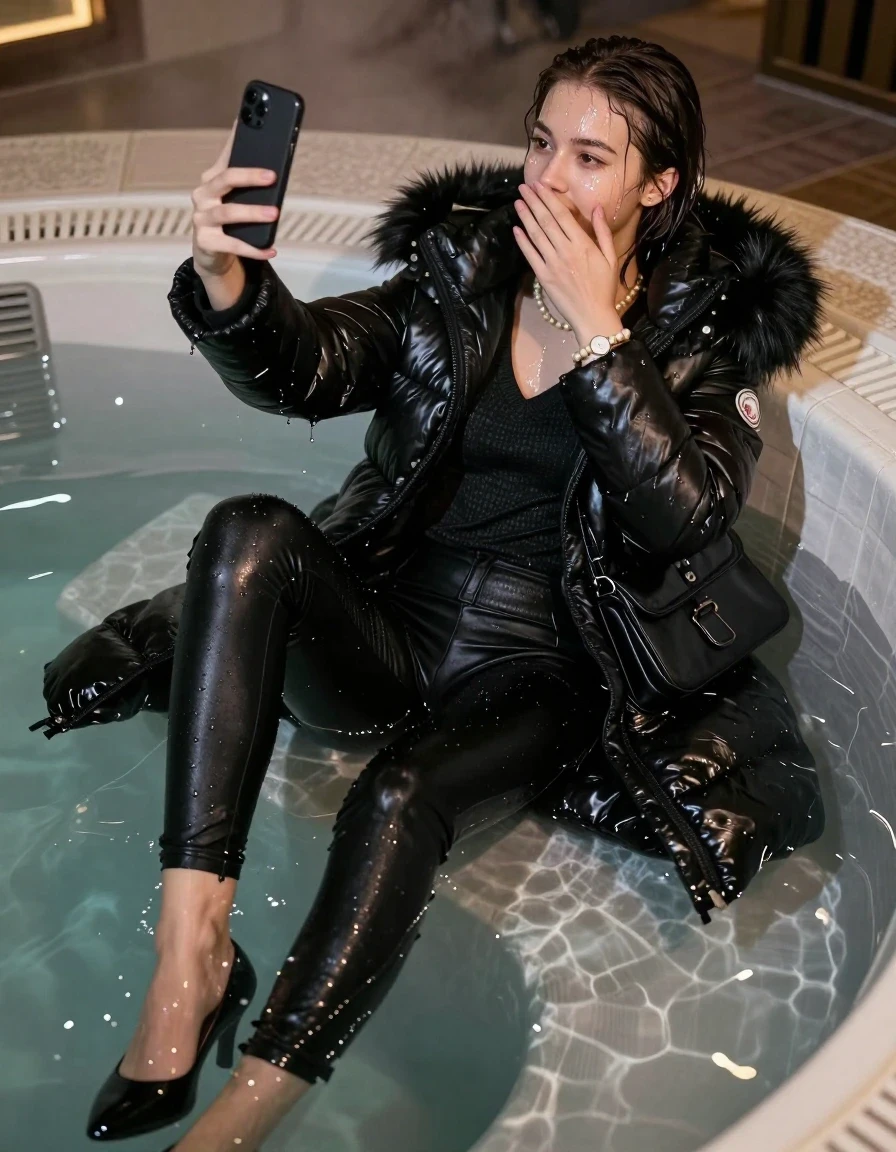 photo of young woman, in soaking wet, drenched clothes,
black heels, Tight black leatherleggings, black moncler long shiny puffer down coat with fur, Open jacket, tight v-neck sweater, shoulderbag, pearl necklace, bracelet, wristwatch, Steaming indoor jacuzzi at night, warm lightning, 
enjoying, wet clothes stuck to body,
detailed textures of the wet clothes, wet face, wet plastered hair,
wet, drenched, professional, high-quality details, full body view.
sharp focus, ultra-high pixel detail, realistic, high-quality, full colors, incredibly detailed, 4k, 8k, 16k, hyper-realistic, RAW photo, masterpiece, ultra-detailed, professionally color graded, professional photograph, A realistic vertical fashion photograph of a 15-year-old teenage girl lying half submerged into the water of a steaming indoor jacuzzi, facing away to show her back. She is tilting her head at camera, letting the water drench her hair so it is glued flat against her head and body. She has a collarbone bob, completely saturated and dripping wet hair, with water cascading down her face and neck. relaxed expression. She hold a hand over her mouth and nose and take a selfie with her smartphone. open mouth, half closed eyes eyes. The lighting is bright and cinematic, highlighting the glistening water droplets on her skin and the saturated texture of her  casual clothes. Soft, moody indoor lighting with reflections on the water. High-quality fashion photography style.
her clothing is soaking wet and clinging tightly to her skin, showing heavy wet folds, darkened fabric texture, and deep water-saturated Patches, her clothes are heavy from the water, water runs from her body and her clothes in streams. A lot of water also runs out of her clothes. Her clothes are darkened by the water. 
hyper-realistic wetness, high-contrast water sheen, sharp focus, 16k resolution, professional photography, realistic water physics., wet skin, wet clothes, damp fabric, wet skin, wet clothes, damp fabric, wet skin, wet clothes, damp fabric, wet skin, wet clothes, damp fabric, wet skin, wet clothes, damp fabric, wet skin, wet clothes, damp fabric, wet skin, wet clothes, damp fabric, wet skin, wet clothes, damp fabric, wet skin, wet clothes, damp fabric, wet skin, wet clothes, damp fabric, wet skin, wet clothes, damp fabric, wet skin, wet clothes, damp fabric, wet skin, wet clothes, damp fabric, wet skin, wet clothes, damp fabric, wet skin, wet clothes, damp fabric, wet skin, wet clothes, damp fabric, wet skin, wet clothes, damp fabric, wet skin, wet clothes, damp fabric