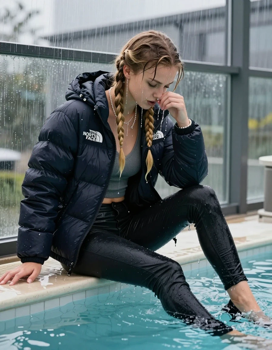 photo of young woman, in soaking wet, drenched clothes,
black heels, Dark skinny jeans,  north face puffer down jacket, Open jacket, tight v-neck sweater, shoulderbag, pearl necklace, bracelet, wristwatch, Steaming indoor jacuzzi , 
enjoying, wet clothes stuck to body,
detailed textures of the wet clothes, wet face, wet plastered hair,
wet, drenched, professional, high-quality details, full body view.
sharp focus, ultra-high pixel detail, realistic, high-quality, full colors, incredibly detailed, 4k, 8k, 16k, hyper-realistic, RAW photo, masterpiece, ultra-detailed, professionally color graded, professional photograph, A realistic vertical fashion photograph of a 15-year-old teenage girl sitting  in a glass-walled outdoor swimming pool, legs apart, cover her nose with a hand, looking down. She is tilting her head down, letting the water drench her hair so it is glued flat against her head and body. She has two blonde long braids , completely saturated and dripping wet hair, with water cascading down her face and neck. Horny and aroused expression. open mouth, closed eyes. The lighting is bright and cinematic, highlighting the glistening water droplets on her skin and the saturated texture of her  casual clothes. Outside the large glass wall of the pool building, heavy rain is visible falling against the window. Soft, moody indoor lighting with reflections on the water. High-quality fashion photography style.
her clothing is soaking wet and clinging tightly to her skin, showing heavy wet folds, darkened fabric texture, and deep water-saturated Patches, her clothes are heavy from the water, water runs from her body and her clothes in streams. A lot of water also runs out of her clothes. Her clothes are darkened by the water. 
hyper-realistic wetness, high-contrast water sheen, sharp focus, 16k resolution, professional photography, realistic water physics., wet skin, wet clothes, damp fabric, wet skin, wet clothes, damp fabric, wet skin, wet clothes, damp fabric, wet skin, wet clothes, damp fabric, wet skin, wet clothes, damp fabric, wet skin, wet clothes, damp fabric, wet skin, wet clothes, damp fabric, wet skin, wet clothes, damp fabric, wet skin, wet clothes, damp fabric, wet skin, wet clothes, damp fabric, wet skin, wet clothes, damp fabric, wet skin, wet clothes, damp fabric, wet skin, wet clothes, damp fabric, wet skin, wet clothes, damp fabric, wet skin, wet clothes, damp fabric, wet skin, wet clothes, damp fabric