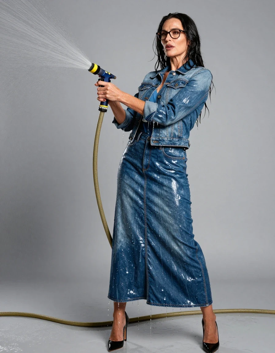 photo of young woman, in soaking wet, drenched clothes,
high-heeled shoes, shiny blue denim maxi dress, shiny blue denim maxi dress, shiny blue maxi denim jacket, spraying each other with the hose, enjoying wet clothes stuck body, enjoying, wet clothes stuck to body, 
enjoying, wet clothes stuck to body,
detailed textures of the wet clothes, wet face, wet plastered hair,
wet, drenched, professional, high-quality details, full body view.
sharp focus, ultra-high pixel detail, realistic, high-quality, full colors, incredibly detailed, 4k, 8k, 16k, hyper-realistic, RAW photo, masterpiece, ultra-detailed, professionally color graded, professional photograph, europen brunette skinny woman 50 years old, long dark black hair, office glasses, very big and thick lips, complete body, wet skin, wet clothes, damp fabric, wet skin, wet clothes, damp fabric, wet skin, wet clothes, damp fabric, wet skin, wet clothes, damp fabric, wet skin, wet clothes, damp fabric, wet skin, wet clothes, damp fabric, wet skin, wet clothes, damp fabric