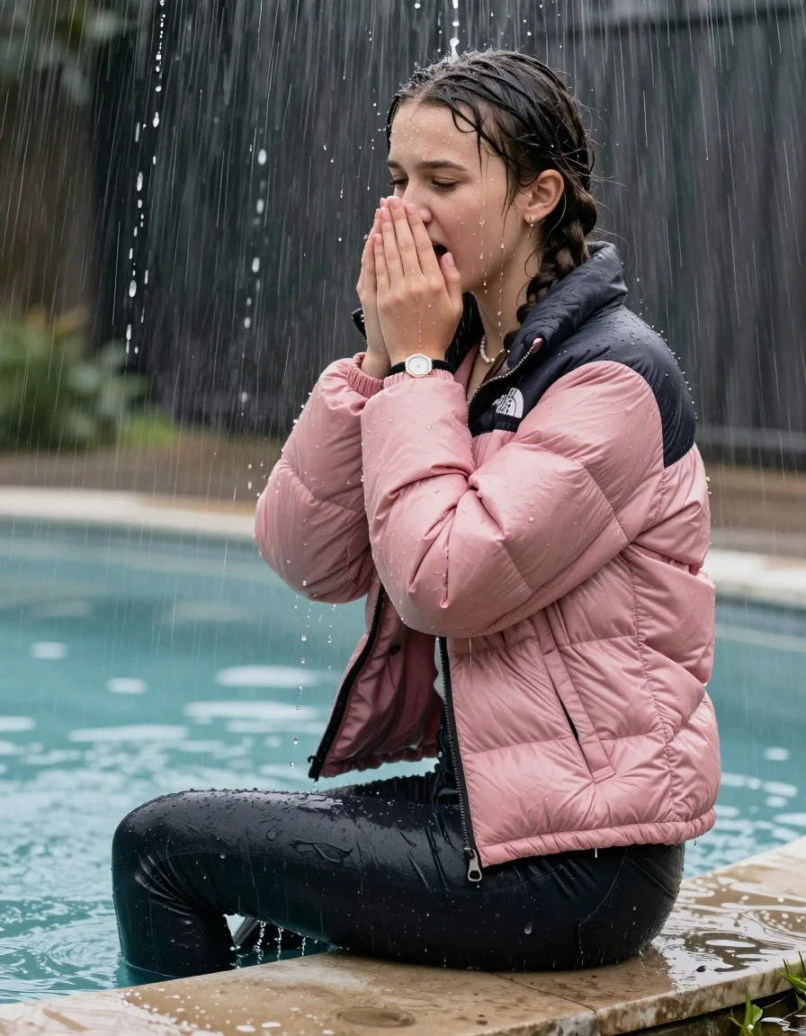 photo of young woman, in soaking wet, drenched clothes,
, Dark skinny jeans, Pink north face puffer down jacket, Open jacket, tight v-neck sweater, shoulderbag, pearl necklace, bracelet, wristwatch, Steaming outdoor jacuzzi , 
enjoying, wet clothes stuck to body,
detailed textures of the wet clothes, wet face, wet plastered hair,
wet, drenched, professional, high-quality details, full body view.
sharp focus, ultra-high pixel detail, realistic, high-quality, full colors, incredibly detailed, 4k, 8k, 16k, hyper-realistic, RAW photo, masterpiece, ultra-detailed, professionally color graded, professional photograph, A realistic vertical fashion photograph taken from a backward, behind-the-back angle of a 15-year-old teenage girl sitting on the edge of the pool while it pours water on her during a heavy storm, facing to the camera to show her back. She is tilting her head at camera, letting the water drench her hair so it is glued flat against her head and body. She has two long braids , completely saturated and dripping wet hair, with water cascading down her face and neck. Afraid and astonished expression. cover her nose with her hands. open mouth, closed eyes. The lighting is bright and cinematic, highlighting the glistening water droplets on her skin and the saturated texture of her  casual clothes. Soft, moody indoor lighting with reflections on the water. High-quality fashion photography style.
her clothing is soaking wet and clinging tightly to her skin, showing heavy wet folds, darkened fabric texture, and deep water-saturated Patches, her clothes are heavy from the water, water runs from her body and her clothes in streams. A lot of water also runs out of her clothes. Her clothes are darkened by the water. 
hyper-realistic wetness, high-contrast water sheen, sharp focus, 16k resolution, professional photography, realistic water physics., wet skin, wet clothes, damp fabric, wet skin, wet clothes, damp fabric, wet skin, wet clothes, damp fabric, wet skin, wet clothes, damp fabric, wet skin, wet clothes, damp fabric, wet skin, wet clothes, damp fabric, wet skin, wet clothes, damp fabric, wet skin, wet clothes, damp fabric, wet skin, wet clothes, damp fabric, wet skin, wet clothes, damp fabric, wet skin, wet clothes, damp fabric, wet skin, wet clothes, damp fabric, wet skin, wet clothes, damp fabric, wet skin, wet clothes, damp fabric, wet skin, wet clothes, damp fabric, wet skin, wet clothes, damp fabric