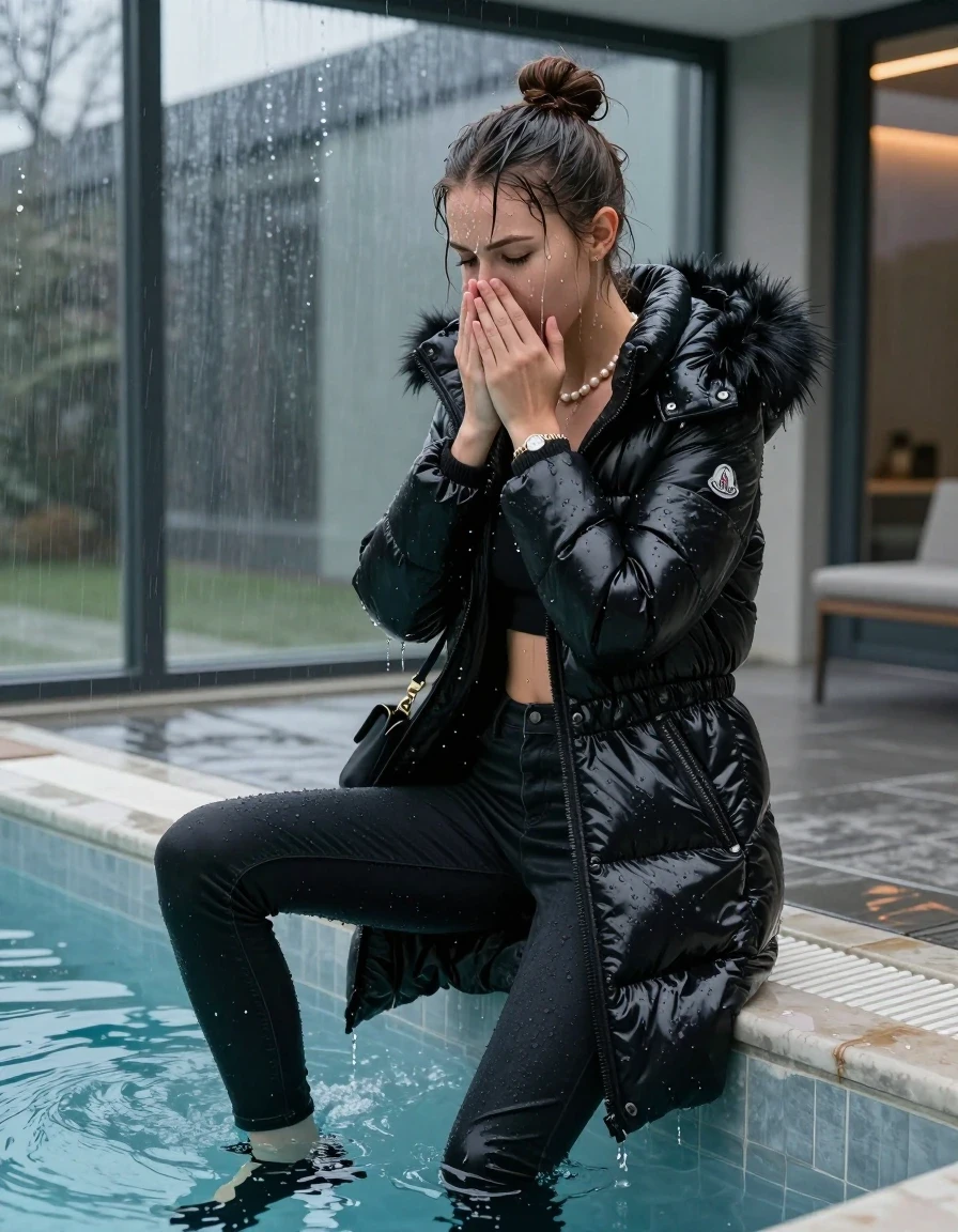 photo of young woman, in soaking wet, drenched clothes,
black heels, Dark skinny jeans, black moncler long shiny puffer down coat with fur, Open jacket, tight v-neck sweater, shoulderbag, pearl necklace, bracelet, wristwatch, Steaming indoor jacuzzi , 
enjoying, wet clothes stuck to body,
detailed textures of the wet clothes, wet face, wet plastered hair,
wet, drenched, professional, high-quality details, full body view.
sharp focus, ultra-high pixel detail, realistic, high-quality, full colors, incredibly detailed, 4k, 8k, 16k, hyper-realistic, RAW photo, masterpiece, ultra-detailed, professionally color graded, professional photograph, A realistic vertical fashion photograph of a 15-year-old teenage girl slides back from the edge into the water of a glass-walled outdoor swimming pool, facing down to show her back. She is tilting her head at camera, letting the water drench her hair so it is glued flat against her head and body. She has a topknot, completely saturated and dripping wet hair, with water cascading down her face and neck. Afraid and astonished expression. She hold her hands over her mouth and nose. half closed eyes eyes. The lighting is bright and cinematic, highlighting the glistening water droplets on her skin and the saturated texture of her  casual clothes. Outside the large glass wall of the pool building, heavy rain is visible falling against the window. Soft, moody indoor lighting with reflections on the water. High-quality fashion photography style.
her clothing is soaking wet and clinging tightly to her skin, showing heavy wet folds, darkened fabric texture, and deep water-saturated Patches, her clothes are heavy from the water, water runs from her body and her clothes in streams. A lot of water also runs out of her clothes. Her clothes are darkened by the water. 
hyper-realistic wetness, high-contrast water sheen, sharp focus, 16k resolution, professional photography, realistic water physics., wet skin, wet clothes, damp fabric, wet skin, wet clothes, damp fabric, wet skin, wet clothes, damp fabric, wet skin, wet clothes, damp fabric, wet skin, wet clothes, damp fabric, wet skin, wet clothes, damp fabric, wet skin, wet clothes, damp fabric, wet skin, wet clothes, damp fabric, wet skin, wet clothes, damp fabric, wet skin, wet clothes, damp fabric, wet skin, wet clothes, damp fabric, wet skin, wet clothes, damp fabric, wet skin, wet clothes, damp fabric, wet skin, wet clothes, damp fabric, wet skin, wet clothes, damp fabric, wet skin, wet clothes, damp fabric, wet skin, wet clothes, damp fabric, wet skin, wet clothes, damp fabric