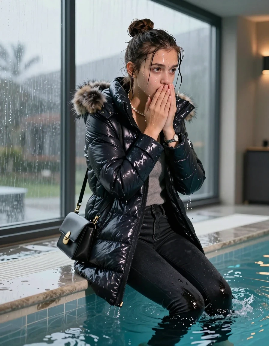 photo of young woman, in soaking wet, drenched clothes,
black heels, Dark skinny jeans, moncler long shiny puffer down coat with fur, Open jacket, tight v-neck sweater, shoulderbag, pearl necklace, bracelet, wristwatch, Steaming indoor jacuzzi , 
enjoying, wet clothes stuck to body,
detailed textures of the wet clothes, wet face, wet plastered hair,
wet, drenched, professional, high-quality details, full body view.
sharp focus, ultra-high pixel detail, realistic, high-quality, full colors, incredibly detailed, 4k, 8k, 16k, hyper-realistic, RAW photo, masterpiece, ultra-detailed, professionally color graded, professional photograph, A realistic vertical fashion photograph of a 15-year-old teenage girl slides back from the edge into the water of a glass-walled outdoor swimming pool, facing to the camera to show her back. She is tilting her head at camera, letting the water drench her hair so it is glued flat against her head and body. She has half-up hair with a topknot, completely saturated and dripping wet hair, with water cascading down her face and neck. Afraid and astonished expression. She hold her hands over her mouth. big eyes. The lighting is bright and cinematic, highlighting the glistening water droplets on her skin and the saturated texture of her  casual clothes. Outside the large glass wall of the pool building, heavy rain is visible falling against the window. Soft, moody indoor lighting with reflections on the water. High-quality fashion photography style.
her clothing is soaking wet and clinging tightly to her skin, showing heavy wet folds, darkened fabric texture, and deep water-saturated Patches, her clothes are heavy from the water, water runs from her body and her clothes in streams. A lot of water also runs out of her clothes. Her clothes are darkened by the water. 
hyper-realistic wetness, high-contrast water sheen, sharp focus, 16k resolution, professional photography, realistic water physics., wet skin, wet clothes, damp fabric, wet skin, wet clothes, damp fabric, wet skin, wet clothes, damp fabric, wet skin, wet clothes, damp fabric, wet skin, wet clothes, damp fabric, wet skin, wet clothes, damp fabric, wet skin, wet clothes, damp fabric, wet skin, wet clothes, damp fabric, wet skin, wet clothes, damp fabric, wet skin, wet clothes, damp fabric, wet skin, wet clothes, damp fabric, wet skin, wet clothes, damp fabric, wet skin, wet clothes, damp fabric, wet skin, wet clothes, damp fabric, wet skin, wet clothes, damp fabric, wet skin, wet clothes, damp fabric, wet skin, wet clothes, damp fabric, wet skin, wet clothes, damp fabric