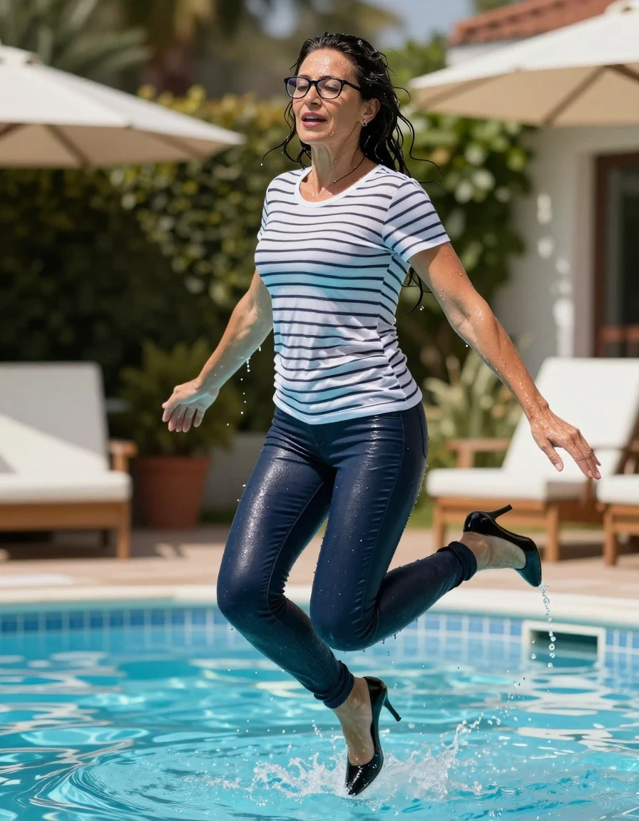 photo of young woman, in soaking wet, drenched clothes,
high-heeled shoes, long dark blue tight shiny jeans, long shiny white & black striped t-shirt, jumping in idooe pool, 
enjoying, wet clothes stuck to body,
detailed textures of the wet clothes, wet face, wet plastered hair,
wet, drenched, professional, high-quality details, full body view.
sharp focus, ultra-high pixel detail, realistic, high-quality, full colors, incredibly detailed, 4k, 8k, 16k, hyper-realistic, RAW photo, masterpiece, ultra-detailed, professionally color graded, professional photograph, europen brunette skinny woman 50 years old, long dark black hair, office glasses, very big and thick lips, complete body, wet skin, wet clothes, damp fabric, wet skin, wet clothes, damp fabric, wet skin, wet clothes, damp fabric, wet skin, wet clothes, damp fabric, wet skin, wet clothes, damp fabric, wet skin, wet clothes, damp fabric, wet skin, wet clothes, damp fabric