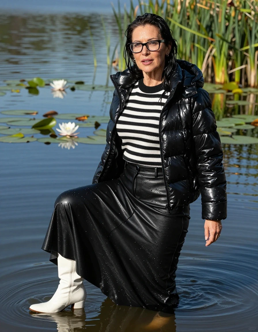 photo of young woman, in soaking wet, drenched clothes,
high-heeled white boots, black leather flared maxi skirt, shiny black & white striped sweater, maxi shiny black down jacket, Swimming submerged in very deep sunny lake with water lilies and reeds, 
enjoying, wet clothes stuck to body,
detailed textures of the wet clothes, wet face, wet plastered hair,
wet, drenched, professional, high-quality details, full body view.
sharp focus, ultra-high pixel detail, realistic, high-quality, full colors, incredibly detailed, 4k, 8k, 16k, hyper-realistic, RAW photo, masterpiece, ultra-detailed, professionally color graded, professional photograph, europen brunette skinny woman 50 years old, long dark black hair, office glasses, very big and thick lips, complete body, wet skin, wet clothes, damp fabric, wet skin, wet clothes, damp fabric, wet skin, wet clothes, damp fabric, wet skin, wet clothes, damp fabric, wet skin, wet clothes, damp fabric, wet skin, wet clothes, damp fabric, wet skin, wet clothes, damp fabric