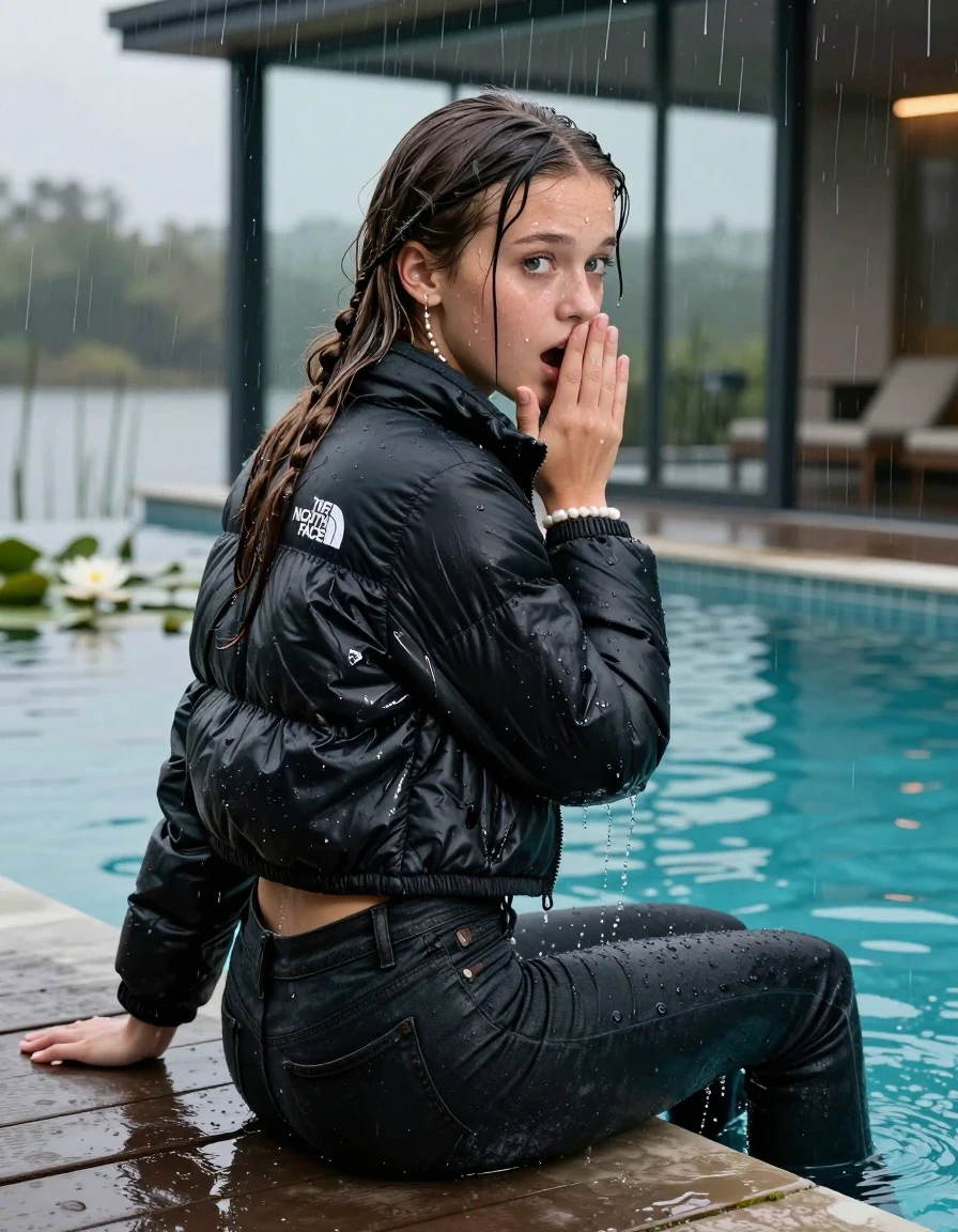 photo of young woman, in soaking wet, drenched clothes,
, Dark levis skinny jeans, Black North face puffer down jacket, tight v-neck sweater, shoulderbag, pearl necklace, bracelet, wristwatch, jetty by the lake with water lilies and reeds, 
enjoying, wet clothes stuck to body,
detailed textures of the wet clothes, wet face, wet plastered hair,
wet, drenched, professional, high-quality details, full body view.
sharp focus, ultra-high pixel detail, realistic, high-quality, full colors, incredibly detailed, 4k, 8k, 16k, hyper-realistic, RAW photo, masterpiece, ultra-detailed, professionally color graded, professional photograph, A realistic vertical fashion photograph taken from a backward, behind-the-back angle of a 13-year-old girl sitting  and slides into a glass-walled outdoor swimming pool, facing down to the camera to show her back. She is tilting her head at camera, letting the water drench her hair so it is glued flat against her head and body. She has Sleek long straight hair with braids, completely saturated and dripping wet hair, with water cascading down her face and neck. Afraid and astonished expression. cover her mouth with her hands. big eyes. The lighting is bright and cinematic, highlighting the glistening water droplets on her skin and the saturated texture of her  casual clothes. Outside the large glass wall of the pool building, heavy rain is visible falling against the window. Soft, moody indoor lighting with reflections on the water. High-quality fashion photography style.
her clothing is soaking wet and clinging tightly to her skin, showing heavy wet folds, darkened fabric texture, and deep water-saturated Patches, her clothes are heavy from the water, water runs from her body and her clothes in streams. A lot of water also runs out of her clothes. Her clothes are darkened by the water. 
hyper-realistic wetness, high-contrast water sheen, sharp focus, 16k resolution, professional photography, realistic water physics., wet skin, wet clothes, damp fabric., wet skin, wet clothes, damp fabric
