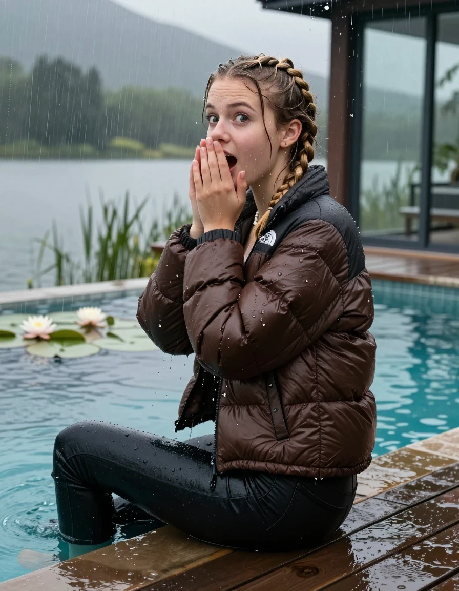 photo of young woman, in soaking wet, drenched clothes,
, Dark skinny jeans, brown north face puffer down jacket, Open jacket, tight v-neck sweater, shoulderbag, pearl necklace, bracelet, wristwatch, Orgasm in jetty by the lake with water lilies and reeds, 
enjoying, wet clothes stuck to body,
detailed textures of the wet clothes, wet face, wet plastered hair,
wet, drenched, professional, high-quality details, full body view.
sharp focus, ultra-high pixel detail, realistic, high-quality, full colors, incredibly detailed, 4k, 8k, 16k, hyper-realistic, RAW photo, masterpiece, ultra-detailed, professionally color graded, professional photograph, A realistic vertical fashion photograph taken from a backward, behind-the-back angle of a 15-year-old teenage girl sitting  in a glass-walled outdoor swimming pool, facing to the camera to show her back. She is tilting her head at camera, letting the water drench her hair so it is glued flat against her head and body. She has two blonde long braids , completely saturated and dripping wet hair, with water cascading down her face and neck. Afraid and astonished expression. cover her mouth with her hands. open mouth, big eyes. The lighting is bright and cinematic, highlighting the glistening water droplets on her skin and the saturated texture of her  casual clothes. Outside the large glass wall of the pool building, heavy rain is visible falling against the window. Soft, moody indoor lighting with reflections on the water. High-quality fashion photography style.
her clothing is soaking wet and clinging tightly to her skin, showing heavy wet folds, darkened fabric texture, and deep water-saturated Patches, her clothes are heavy from the water, water runs from her body and her clothes in streams. A lot of water also runs out of her clothes. Her clothes are darkened by the water. 
hyper-realistic wetness, high-contrast water sheen, sharp focus, 16k resolution, professional photography, realistic water physics., wet skin, wet clothes, damp fabric, wet skin, wet clothes, damp fabric, wet skin, wet clothes, damp fabric, wet skin, wet clothes, damp fabric, wet skin, wet clothes, damp fabric, wet skin, wet clothes, damp fabric, wet skin, wet clothes, damp fabric, wet skin, wet clothes, damp fabric, wet skin, wet clothes, damp fabric, wet skin, wet clothes, damp fabric, wet skin, wet clothes, damp fabric, wet skin, wet clothes, damp fabric, wet skin, wet clothes, damp fabric, wet skin, wet clothes, damp fabric, wet skin, wet clothes, damp fabric, wet skin, wet clothes, damp fabric, wet skin, wet clothes, damp fabric, wet skin, wet clothes, damp fabric, wet skin, wet clothes, damp fabric