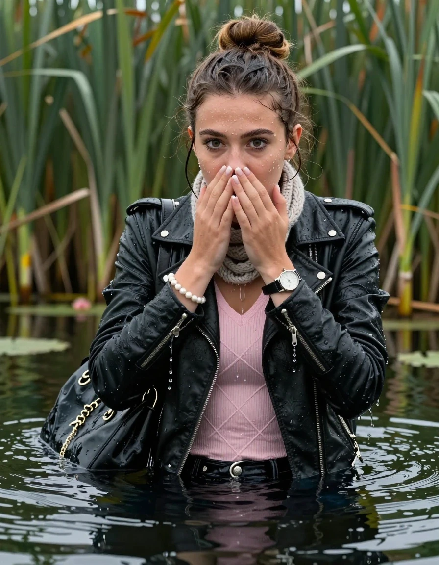 photo of young woman, in soaking wet, drenched clothes,
, , black biker leatherjacket, tight pink v-neck sweater with diamond pattern belly free, shoulderbag, pearl necklace, bracelet, wristwatch, knitted scarf, Swimming and sinking deep into the water after diving in a lake with water lilies and reeds, 
enjoying, wet clothes stuck to body,
detailed textures of the wet clothes, wet face, wet plastered hair,
wet, drenched, professional, high-quality details, full body view.
sharp focus, ultra-high pixel detail, realistic, high-quality, full colors, incredibly detailed, 4k, 8k, 16k, hyper-realistic, RAW photo, masterpiece, ultra-detailed, professionally color graded, professional photograph, half-up with a topknot

19-years-old  teenage girl

Whole body and shoulders are submerged under the surface. closed mouth, big eyes.

she is completely underwater up to her neck. She hide in the reeds and is surprised from visitors.

hold her hands on her mouth and nose.

her submerged clothes are hardly visible under water, she soaked her handbag into the water
she is completely underwater up to her neck, frightened and astonished expression. 

her clothing is soaking wet and clinging tightly to her skin, showing heavy wet folds, darkened fabric texture, and deep water-saturated Patches, her clothes are heavy from the water, water runs from her body and her clothes in streams. A lot of water also runs out of her clothes. Her clothes are darkened by the water. Her submerged clothes are good visible under the water.  she soaked her handbag into the water.

close up view, wet skin, wet clothes, wet hair, damp fabric, water runs down the clothes, wet skin, wet clothes, damp fabric. cinematic medium shot, hyper-realistic wetness, high-contrast water sheen, sharp focus, 16k resolution, professional photography, realistic water physics., wet skin, wet clothes, damp fabric, wet skin, wet clothes, damp fabric, wet skin, wet clothes, damp fabric, wet skin, wet clothes, damp fabric, wet skin, wet clothes, damp fabric