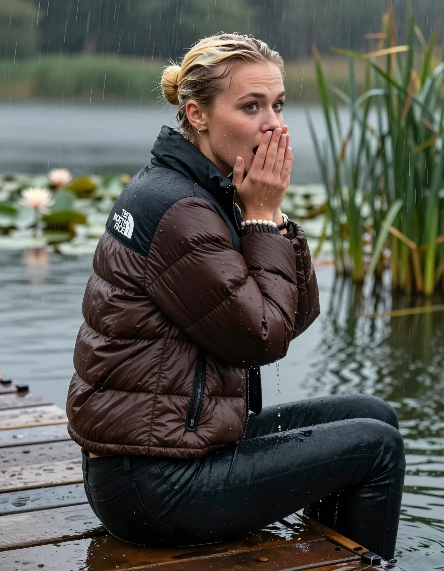 photo of young woman, in soaking wet, drenched clothes,
, Dark skinny jeans, brown north face puffer down jacket, Open jacket, tight v-neck sweater, shoulderbag, pearl necklace, bracelet, wristwatch,  jetty by the lake with water lilies and reeds, 
enjoying, wet clothes stuck to body,
detailed textures of the wet clothes, wet face, wet plastered hair,
wet, drenched, professional, high-quality details, full body view.
sharp focus, ultra-high pixel detail, realistic, high-quality, full colors, incredibly detailed, 4k, 8k, 16k, hyper-realistic, RAW photo, masterpiece, ultra-detailed, professionally color graded, professional photograph, A realistic vertical fashion photograph taken from a backward, behind-the-back angle of a 21-year-old teenage girl sitting on a jetty by the lake after diving in the water, facing to the camera to show her back. She is tilting her head at camera, letting the water drench her hair so it is glued flat against her head and body. She has two blonde sleek bun , completely saturated and dripping wet hair, with water cascading down her face and neck. Afraid and astonished expression. cover her mouth with her hands. open mouth, big eyes. The lighting is bright and cinematic, highlighting the glistening water droplets on her skin and the saturated texture of her  casual clothes. Heavy rain is visible falling against her. Soft, moody indoor lighting with reflections on the water. High-quality fashion photography style.
her clothing is soaking wet and clinging tightly to her skin, showing heavy wet folds, darkened fabric texture, and deep water-saturated Patches, her clothes are heavy from the water, water runs from her body and her clothes in streams. A lot of water also runs out of her clothes. Her clothes are darkened by the water. 
hyper-realistic wetness, high-contrast water sheen, sharp focus, 16k resolution, professional photography, realistic water physics., wet skin, wet clothes, damp fabric, wet skin, wet clothes, damp fabric, wet skin, wet clothes, damp fabric, wet skin, wet clothes, damp fabric, wet skin, wet clothes, damp fabric, wet skin, wet clothes, damp fabric, wet skin, wet clothes, damp fabric, wet skin, wet clothes, damp fabric, wet skin, wet clothes, damp fabric, wet skin, wet clothes, damp fabric, wet skin, wet clothes, damp fabric, wet skin, wet clothes, damp fabric, wet skin, wet clothes, damp fabric, wet skin, wet clothes, damp fabric, wet skin, wet clothes, damp fabric, wet skin, wet clothes, damp fabric, wet skin, wet clothes, damp fabric, wet skin, wet clothes, damp fabric, wet skin, wet clothes, damp fabric