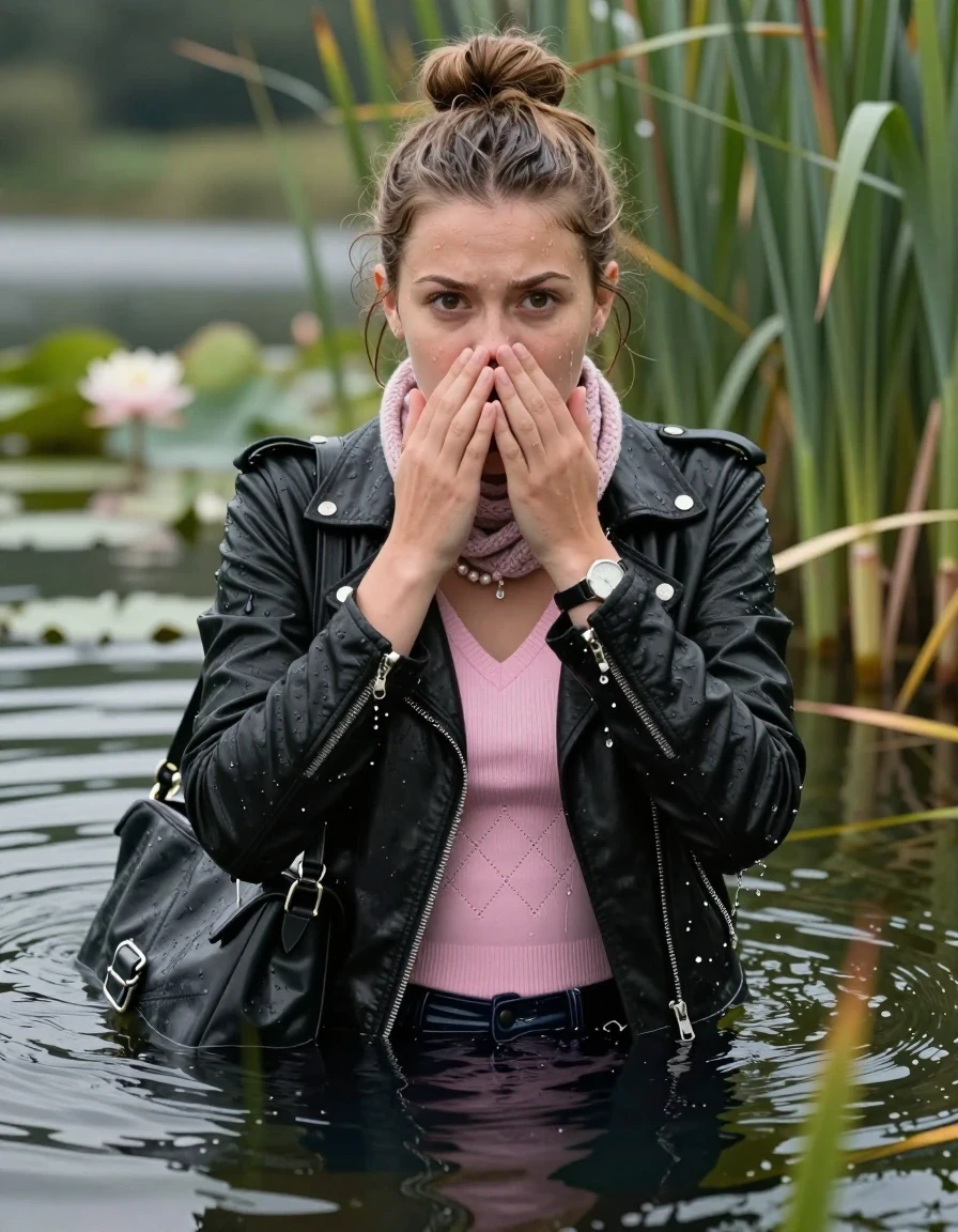 photo of young woman, in soaking wet, drenched clothes,
, , black biker leatherjacket, tight pink v-neck sweater with diamond pattern belly free, shoulderbag, pearl necklace, bracelet, wristwatch, knitted scarf, Swimming and sinking deep into the water after diving in a lake with water lilies and reeds, 
enjoying, wet clothes stuck to body,
detailed textures of the wet clothes, wet face, wet plastered hair,
wet, drenched, professional, high-quality details, full body view.
sharp focus, ultra-high pixel detail, realistic, high-quality, full colors, incredibly detailed, 4k, 8k, 16k, hyper-realistic, RAW photo, masterpiece, ultra-detailed, professionally color graded, professional photograph, half-up with a topknot

young slim school girl

Whole body and shoulders are submerged under the surface. closed mouth, big eyes.

she is completely underwater up to her neck. She hide in the reeds and is surprised from visitors.

hold her hands on her mouth and nose.

her submerged clothes are hardly visible under water, she soaked her handbag into the water
she is completely underwater up to her neck, frightened and astonished expression. 

her clothing is soaking wet and clinging tightly to her skin, showing heavy wet folds, darkened fabric texture, and deep water-saturated Patches, her clothes are heavy from the water, water runs from her body and her clothes in streams. A lot of water also runs out of her clothes. Her clothes are darkened by the water. Her submerged clothes are good visible under the water.  she soaked her handbag into the water.

close up view, wet skin, wet clothes, wet hair, damp fabric, water runs down the clothes, wet skin, wet clothes, damp fabric. cinematic medium shot, hyper-realistic wetness, high-contrast water sheen, sharp focus, 16k resolution, professional photography, realistic water physics., wet skin, wet clothes, damp fabric, wet skin, wet clothes, damp fabric, wet skin, wet clothes, damp fabric, wet skin, wet clothes, damp fabric, wet skin, wet clothes, damp fabric