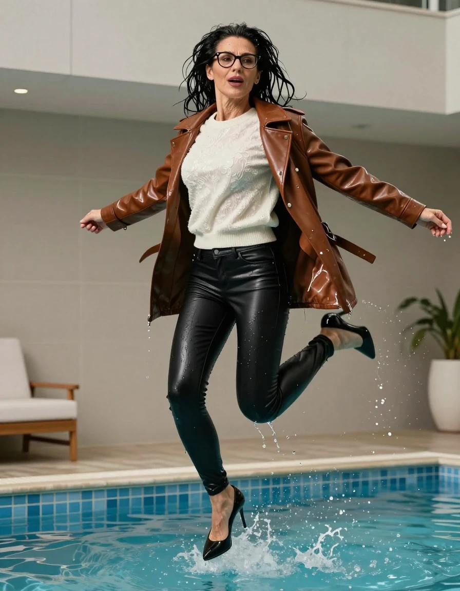photo of young woman, in soaking wet, drenched clothes,
high-heeled shoes, long black tight leather jeans, shiny floral white sweater, maxi brown leather byker jacket, jump after bath in indoor pool, 
enjoying, wet clothes stuck to body,
detailed textures of the wet clothes, wet face, wet plastered hair,
wet, drenched, professional, high-quality details, full body view.
sharp focus, ultra-high pixel detail, realistic, high-quality, full colors, incredibly detailed, 4k, 8k, 16k, hyper-realistic, RAW photo, masterpiece, ultra-detailed, professionally color graded, professional photograph, europen brunette skinny woman 50 years old, long dark black hair, office glasses, very big and thick lips, complete body, wet skin, wet clothes, damp fabric, wet skin, wet clothes, damp fabric, wet skin, wet clothes, damp fabric, wet skin, wet clothes, damp fabric, wet skin, wet clothes, damp fabric, wet skin, wet clothes, damp fabric, wet skin, wet clothes, damp fabric