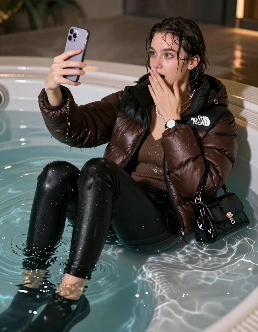 photo of young woman, in soaking wet, drenched clothes,
black pumps , Tight black leatherleggings, Brown north face puffer down jacket, tight v-neck sweater, shoulderbag, pearl necklace, bracelet, wristwatch, Steaming indoor jacuzzi at night, warm lightning, 
enjoying, wet clothes stuck to body,
detailed textures of the wet clothes, wet face, wet plastered hair,
wet, drenched, professional, high-quality details, full body view.
sharp focus, ultra-high pixel detail, realistic, high-quality, full colors, incredibly detailed, 4k, 8k, 16k, hyper-realistic, RAW photo, masterpiece, ultra-detailed, professionally color graded, professional photograph, A realistic vertical fashion photograph of a 15-year-old teenage girl lying half submerged into the water of a steaming indoor jacuzzi, facing away to show her back. She is tilting her head at camera, letting the water drench her hair so it is glued flat against her head and body. She has a collarbone bob, completely saturated and dripping wet hair, with water cascading down her face and neck. surprised expression. She hold a hand over her mouth and nose and take a selfie with her smartphone. open mouth, half closed eyes eyes. she soaked her handbag in the water. The lighting is bright and cinematic, highlighting the glistening water droplets on her skin and the saturated texture of her  casual clothes. Soft, moody indoor lighting with reflections on the water. High-quality fashion photography style.
her clothing is soaking wet and clinging tightly to her skin, showing heavy wet folds, darkened fabric texture, and deep water-saturated Patches, her clothes are heavy from the water, water runs from her body and her clothes in streams. A lot of water also runs out of her clothes. Her clothes are darkened by the water. 
hyper-realistic wetness, high-contrast water sheen, sharp focus, 16k resolution, professional photography, realistic water physics., wet skin, wet clothes, damp fabric, wet skin, wet clothes, damp fabric, wet skin, wet clothes, damp fabric, wet skin, wet clothes, damp fabric, wet skin, wet clothes, damp fabric, wet skin, wet clothes, damp fabric, wet skin, wet clothes, damp fabric, wet skin, wet clothes, damp fabric, wet skin, wet clothes, damp fabric, wet skin, wet clothes, damp fabric, wet skin, wet clothes, damp fabric, wet skin, wet clothes, damp fabric, wet skin, wet clothes, damp fabric, wet skin, wet clothes, damp fabric, wet skin, wet clothes, damp fabric, wet skin, wet clothes, damp fabric, wet skin, wet clothes, damp fabric, wet skin, wet clothes, damp fabric, wet skin, wet clothes, damp fabric