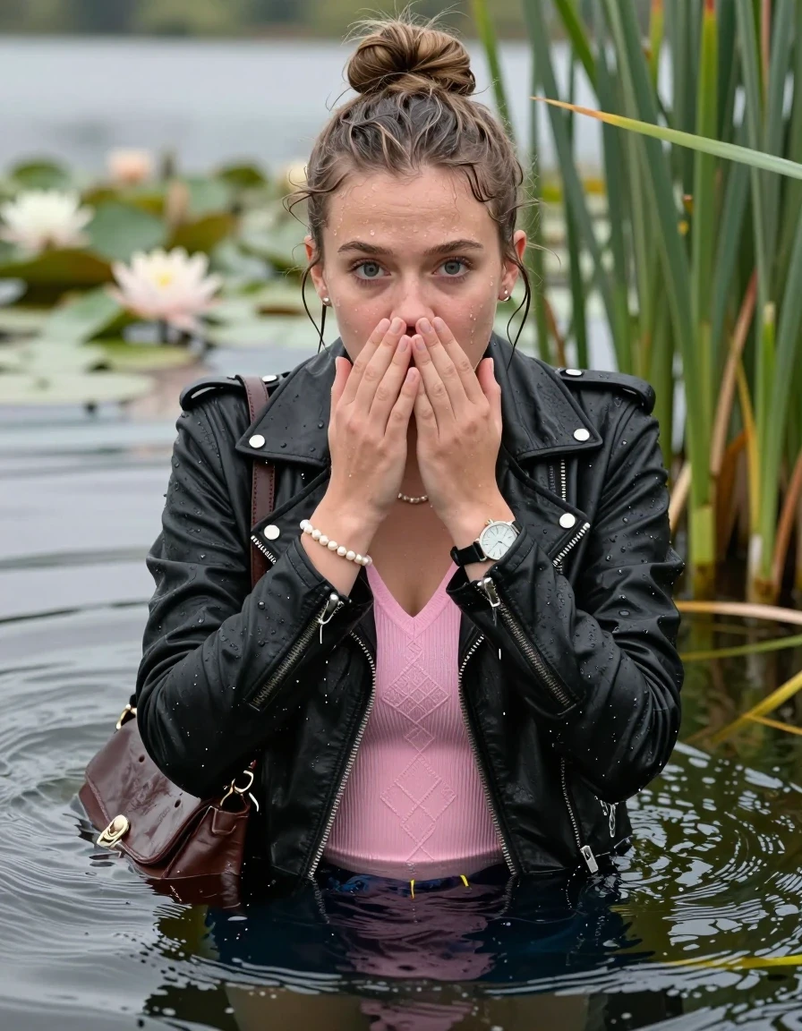 photo of young woman, in soaking wet, drenched clothes,
, , black biker leatherjacket, tight pink v-neck sweater with diamond pattern belly free, shoulderbag, pearl necklace, bracelet, wristwatch, Swimming and sinking deep into the water after diving in a lake with water lilies and reeds, 
enjoying, wet clothes stuck to body,
detailed textures of the wet clothes, wet face, wet plastered hair,
wet, drenched, professional, high-quality details, full body view.
sharp focus, ultra-high pixel detail, realistic, high-quality, full colors, incredibly detailed, 4k, 8k, 16k, hyper-realistic, RAW photo, masterpiece, ultra-detailed, professionally color graded, professional photograph, half-up with a topknot

19-years-old  teenage girl

Whole body and shoulders are submerged under the surface. closed mouth, big eyes.

she is completely underwater up to her neck. She hide in the reeds and is surprised from visitors.

hold her hands on her mouth and nose.

her submerged clothes are hardly visible under water, she soaked her handbag into the water
she is completely underwater up to her neck, frightened and astonished expression. 

her clothing is soaking wet and clinging tightly to her skin, showing heavy wet folds, darkened fabric texture, and deep water-saturated Patches, her clothes are heavy from the water, water runs from her body and her clothes in streams. A lot of water also runs out of her clothes. Her clothes are darkened by the water. Her submerged clothes are good visible under the water.  she soaked her handbag into the water.

close up view, wet skin, wet clothes, wet hair, damp fabric, water runs down the clothes, wet skin, wet clothes, damp fabric. cinematic medium shot, hyper-realistic wetness, high-contrast water sheen, sharp focus, 16k resolution, professional photography, realistic water physics., wet skin, wet clothes, damp fabric, wet skin, wet clothes, damp fabric, wet skin, wet clothes, damp fabric, wet skin, wet clothes, damp fabric, wet skin, wet clothes, damp fabric