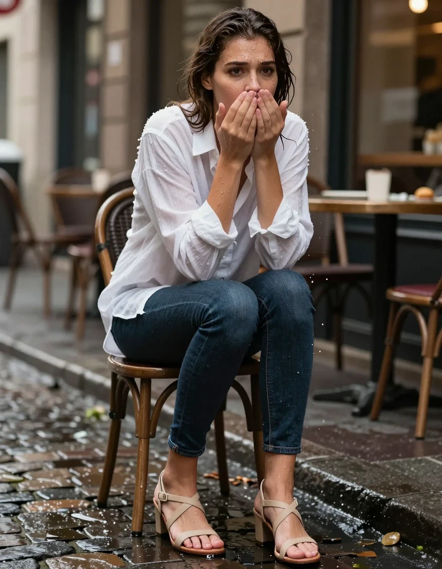 photo of young woman, in soaking wet, drenched clothes,
strappy beige leather sandals with water droplets, slim-fit dark denim jeans soaked at the shins, oversized white linen button-down shirt clinging to skin, outdoor street cafe frontage with wet cobblestones, 
enjoying, wet clothes stuck to body,
detailed textures of the wet clothes, wet face, wet plastered hair,
wet, drenched, professional, high-quality details, full body view.
sharp focus, ultra-high pixel detail, realistic, high-quality, full colors, incredibly detailed, 4k, 8k, 16k, hyper-realistic, RAW photo, masterpiece, ultra-detailed, professionally color graded, professional photograph, candid paparazzi shot, woman startled while shielding her face from a puddle splash, droplets frozen in mid-air, translucent damp fabric textures, vibrant urban street colors, natural daylight, soft lifted shadows, high shutter speed, eye-level medium shot., wet skin, wet clothes, damp fabric