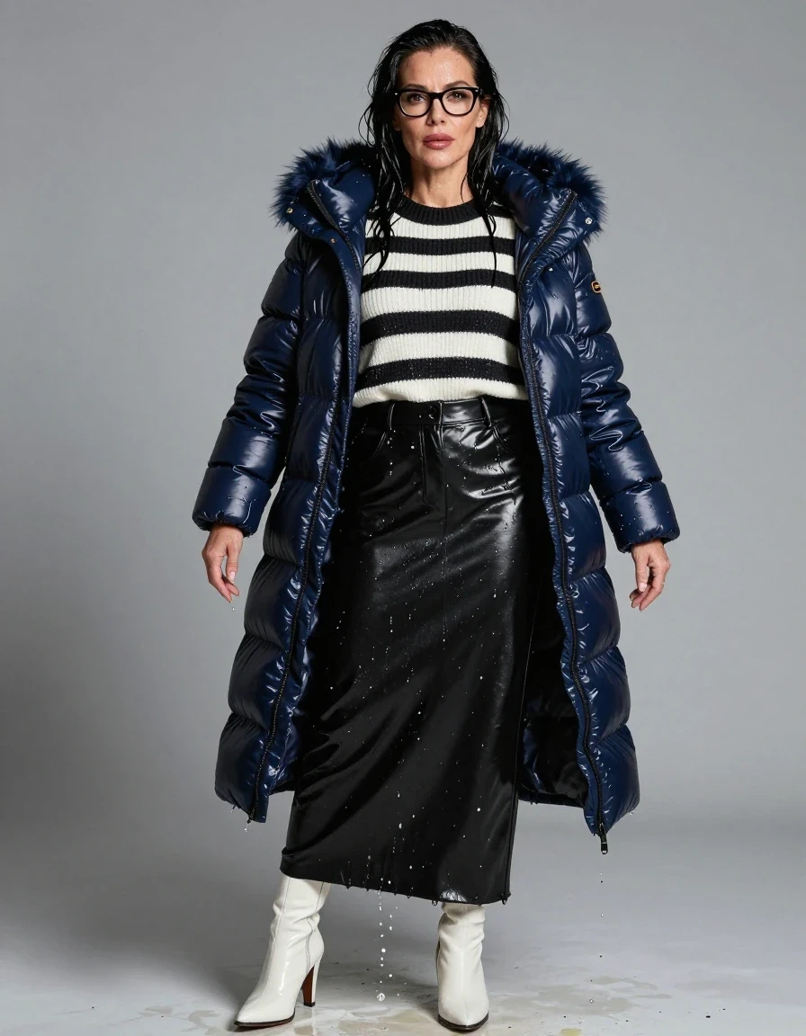 photo of young woman, in soaking wet, drenched clothes,
high-heeled white boots, shiny black leather maxi skirt, shiny black & white striped sweater, maxi shiny dark blue down jacket with fur, after shower, enjoying wet clothes stuck body, enjoying, wet clothes stuck to body, 
enjoying, wet clothes stuck to body,
detailed textures of the wet clothes, wet face, wet plastered hair,
wet, drenched, professional, high-quality details, full body view.
sharp focus, ultra-high pixel detail, realistic, high-quality, full colors, incredibly detailed, 4k, 8k, 16k, hyper-realistic, RAW photo, masterpiece, ultra-detailed, professionally color graded, professional photograph, europen brunette skinny woman 50 years old, long dark black hair, office glasses, very big and thick lips, complete body, wet skin, wet clothes, damp fabric, wet skin, wet clothes, damp fabric, wet skin, wet clothes, damp fabric, wet skin, wet clothes, damp fabric, wet skin, wet clothes, damp fabric, wet skin, wet clothes, damp fabric, wet skin, wet clothes, damp fabric