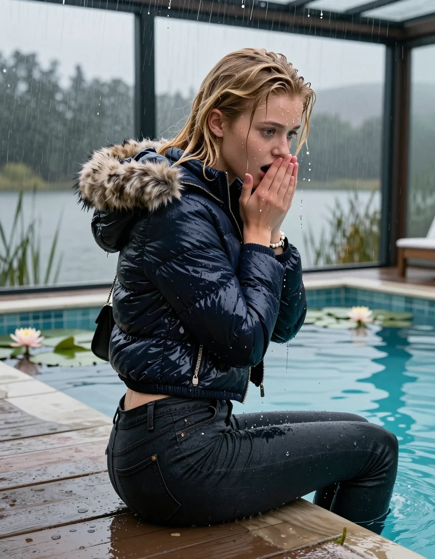 photo of young woman, in soaking wet, drenched clothes,
, Dark levis skinny jeans, Moncler shiny puffer down jacket with fur, Open jacket, tight v-neck sweater, shoulderbag, pearl necklace, bracelet, wristwatch, jetty by the lake with water lilies and reeds, 
enjoying, wet clothes stuck to body,
detailed textures of the wet clothes, wet face, wet plastered hair,
wet, drenched, professional, high-quality details, full body view.
sharp focus, ultra-high pixel detail, realistic, high-quality, full colors, incredibly detailed, 4k, 8k, 16k, hyper-realistic, RAW photo, masterpiece, ultra-detailed, professionally color graded, professional photograph, A realistic vertical fashion photograph taken from a backward, behind-the-back angle of a 15-year-old teenage girl sitting  in a glass-walled outdoor swimming pool, facing down to the camera to show her back. She is tilting her head at camera, letting the water drench her hair so it is glued flat against her head and body. She has blonde Sleek long straight hair , completely saturated and dripping wet hair, with water cascading down her face and neck. Afraid and astonished expression. cover her mouth with her hands. open mouth, big eyes. The lighting is bright and cinematic, highlighting the glistening water droplets on her skin and the saturated texture of her  casual clothes. Outside the large glass wall of the pool building, heavy rain is visible falling against the window. Soft, moody indoor lighting with reflections on the water. High-quality fashion photography style.
her clothing is soaking wet and clinging tightly to her skin, showing heavy wet folds, darkened fabric texture, and deep water-saturated Patches, her clothes are heavy from the water, water runs from her body and her clothes in streams. A lot of water also runs out of her clothes. Her clothes are darkened by the water. 
hyper-realistic wetness, high-contrast water sheen, sharp focus, 16k resolution, professional photography, realistic water physics., wet skin, wet clothes, damp fabric, wet skin, wet clothes, damp fabric, wet skin, wet clothes, damp fabric, wet skin, wet clothes, damp fabric, wet skin, wet clothes, damp fabric, wet skin, wet clothes, damp fabric, wet skin, wet clothes, damp fabric, wet skin, wet clothes, damp fabric, wet skin, wet clothes, damp fabric, wet skin, wet clothes, damp fabric, wet skin, wet clothes, damp fabric, wet skin, wet clothes, damp fabric, wet skin, wet clothes, damp fabric, wet skin, wet clothes, damp fabric, wet skin, wet clothes, damp fabric, wet skin, wet clothes, damp fabric, wet skin, wet clothes, damp fabric, wet skin, wet clothes, damp fabric, wet skin, wet clothes, damp fabric, wet skin, wet clothes, damp fabric, wet skin, wet clothes, damp fabric