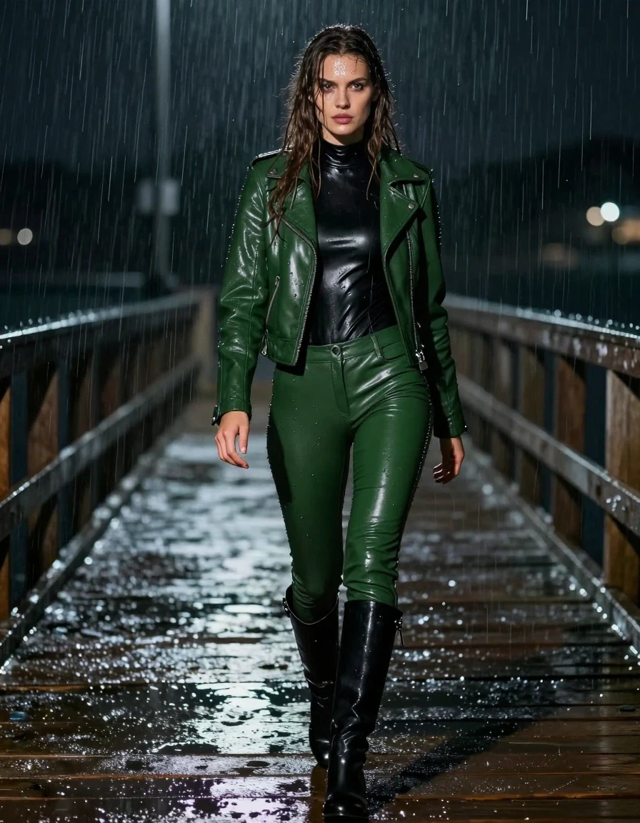 A photorealistic full-body shot of a young adult European woman with long, dripping wet brown hair, walking along a wooden pier at night during a heavy rainstorm. She is drenched, with glistening wet skin and clothes clinging to her form. She wears a black leather polar neck catsuit underneath a green biker-style leather jacket. Her legs are clad in tight green leather pants, paired with black leather knee-high boots. The leather surfaces are heavily soaked, showing a deep, glossy sheen, water droplets running down the material, and dark patches where the water has saturated the seams and folds. The atmosphere is dark and moody, illuminated by the cold, ambient light of the pier, highlighting the water reflecting off her wet skin and the slick, saturated textures of her leather attire. High-detail, cinematic lighting, 8k resolution, photographic quality.