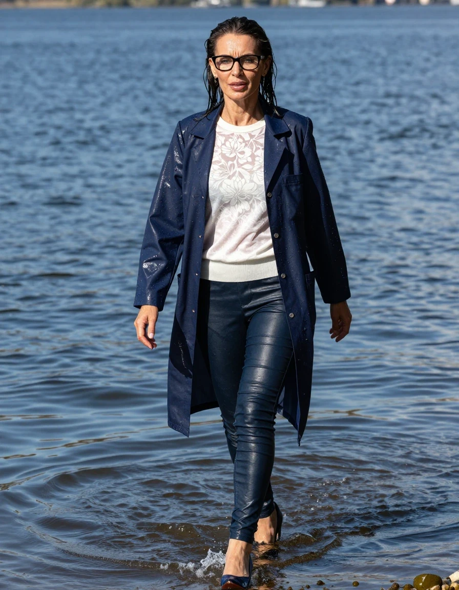 photo of young woman, in soaking wet, drenched clothes,
high-heeled shoes, long dark blue tight leather jeans, shiny white floral sweater, maxi shiny dark blue labcoat, walking submerged up to the hips in very deep sunny lake, , 
enjoying, wet clothes stuck to body,
detailed textures of the wet clothes, wet face, wet plastered hair,
wet, drenched, professional, high-quality details, full body view.
sharp focus, ultra-high pixel detail, realistic, high-quality, full colors, incredibly detailed, 4k, 8k, 16k, hyper-realistic, RAW photo, masterpiece, ultra-detailed, professionally color graded, professional photograph, europen brunette skinny woman 50 years old, long dark black hair, office glasses, very big and thick lips, complete body, wet skin, wet clothes, damp fabric, wet skin, wet clothes, damp fabric, wet skin, wet clothes, damp fabric, wet skin, wet clothes, damp fabric, wet skin, wet clothes, damp fabric, wet skin, wet clothes, damp fabric, wet skin, wet clothes, damp fabric
