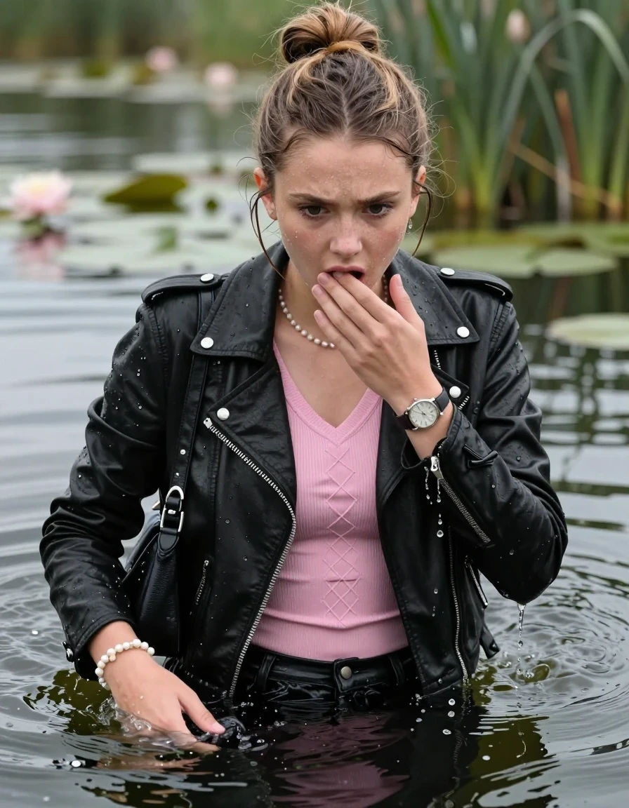 photo of young woman, in soaking wet, drenched clothes,
, , black biker leatherjacket, tight pink v-neck sweater with diamond pattern belly free, shoulderbag, pearl necklace, bracelet, wristwatch, Swimming and sinking deep into the water after diving in a lake with water lilies and reeds, 
enjoying, wet clothes stuck to body,
detailed textures of the wet clothes, wet face, wet plastered hair,
wet, drenched, professional, high-quality details, full body view.
sharp focus, ultra-high pixel detail, realistic, high-quality, full colors, incredibly detailed, 4k, 8k, 16k, hyper-realistic, RAW photo, masterpiece, ultra-detailed, professionally color graded, professional photograph, half-up with a topknot

15-years-old  teenage girl

Looking down, Whole body and shoulders are submerged under the surface. open mouth, big eyes.

she is completely underwater up to her neck.

hold a hand over her mouth.

her submerged clothes are hardly visible under water, she soaked her handbag into the water
she is completely underwater up to her neck, shocked surprised and  frustrated expression. 

her clothing is soaking wet and clinging tightly to her skin, showing heavy wet folds, darkened fabric texture, and deep water-saturated Patches, her clothes are heavy from the water, water runs from her body and her clothes in streams. A lot of water also runs out of her clothes. Her clothes are darkened by the water. Her submerged clothes are good visible under the water.  she soaked her handbag into the water.

close up view, wet skin, wet clothes, wet hair, damp fabric, water runs down the clothes, wet skin, wet clothes, damp fabric. cinematic medium shot, hyper-realistic wetness, high-contrast water sheen, sharp focus, 16k resolution, professional photography, realistic water physics., wet skin, wet clothes, damp fabric, wet skin, wet clothes, damp fabric, wet skin, wet clothes, damp fabric, wet skin, wet clothes, damp fabric, wet skin, wet clothes, damp fabric