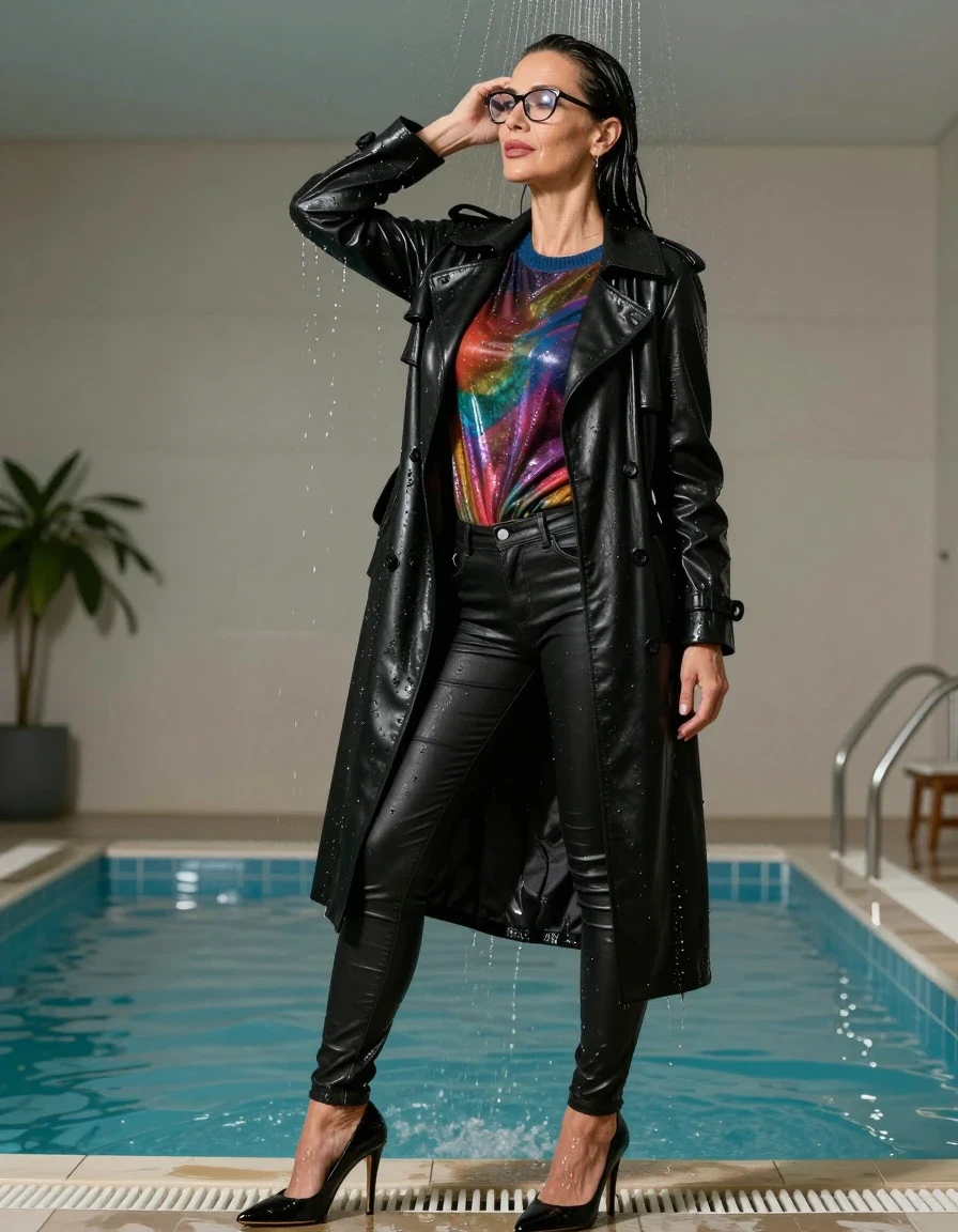 photo of young woman, in soaking wet, drenched clothes,
high-heeled shoes, long black tight leather jeans, shiny multicolored sweater, maxi black leather trenchcoat, shower after bath in indoor pool, 
enjoying, wet clothes stuck to body,
detailed textures of the wet clothes, wet face, wet plastered hair,
wet, drenched, professional, high-quality details, full body view.
sharp focus, ultra-high pixel detail, realistic, high-quality, full colors, incredibly detailed, 4k, 8k, 16k, hyper-realistic, RAW photo, masterpiece, ultra-detailed, professionally color graded, professional photograph, europen brunette skinny woman 50 years old, long dark black hair, office glasses, very big and thick lips, complete body, wet skin, wet clothes, damp fabric, wet skin, wet clothes, damp fabric, wet skin, wet clothes, damp fabric, wet skin, wet clothes, damp fabric, wet skin, wet clothes, damp fabric, wet skin, wet clothes, damp fabric, wet skin, wet clothes, damp fabric
