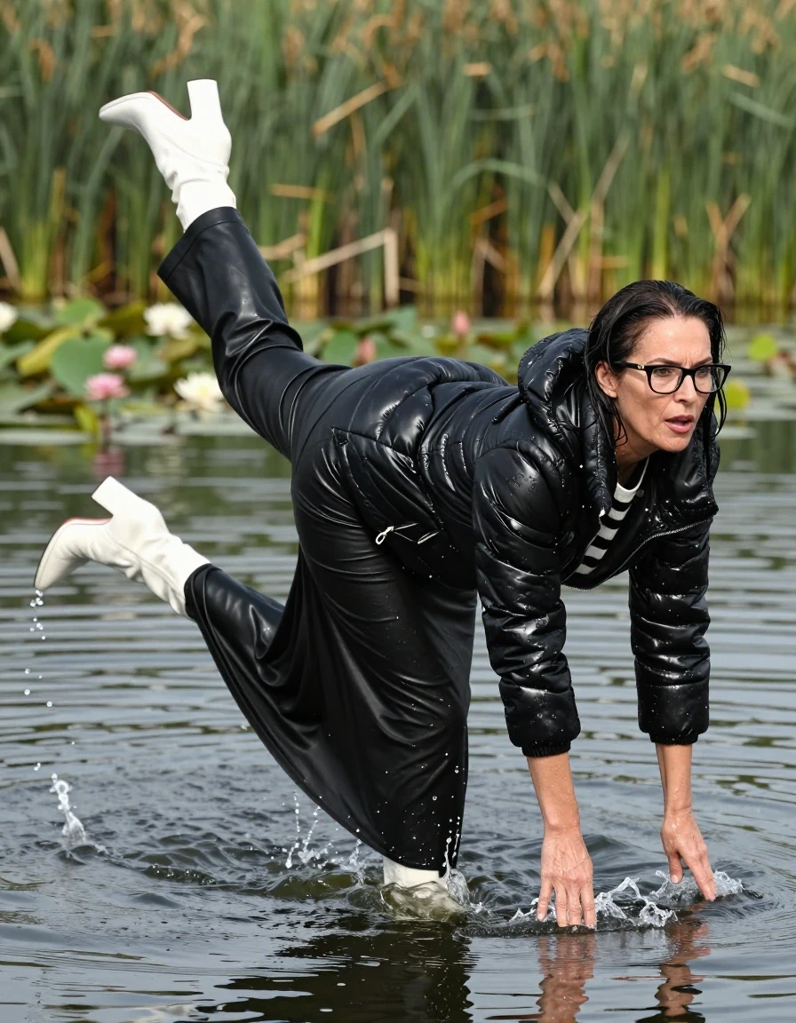 photo of young woman, in soaking wet, drenched clothes,
high-heeled white boots, black leather flared maxi skirt, shiny black & white striped sweater, maxi shiny black down jacket, Swimming and sinking deep into the water after diving in a lake with water lilies and reeds, enjoying wet clothes stuck body, enjoying, wet clothes stuck to body, 
enjoying, wet clothes stuck to body,
detailed textures of the wet clothes, wet face, wet plastered hair,
wet, drenched, professional, high-quality details, full body view.
sharp focus, ultra-high pixel detail, realistic, high-quality, full colors, incredibly detailed, 4k, 8k, 16k, hyper-realistic, RAW photo, masterpiece, ultra-detailed, professionally color graded, professional photograph, europen brunette skinny woman 50 years old, long dark black hair, office glasses, very big and thick lips, complete body, wet skin, wet clothes, damp fabric, wet skin, wet clothes, damp fabric, wet skin, wet clothes, damp fabric, wet skin, wet clothes, damp fabric, wet skin, wet clothes, damp fabric, wet skin, wet clothes, damp fabric, wet skin, wet clothes, damp fabric