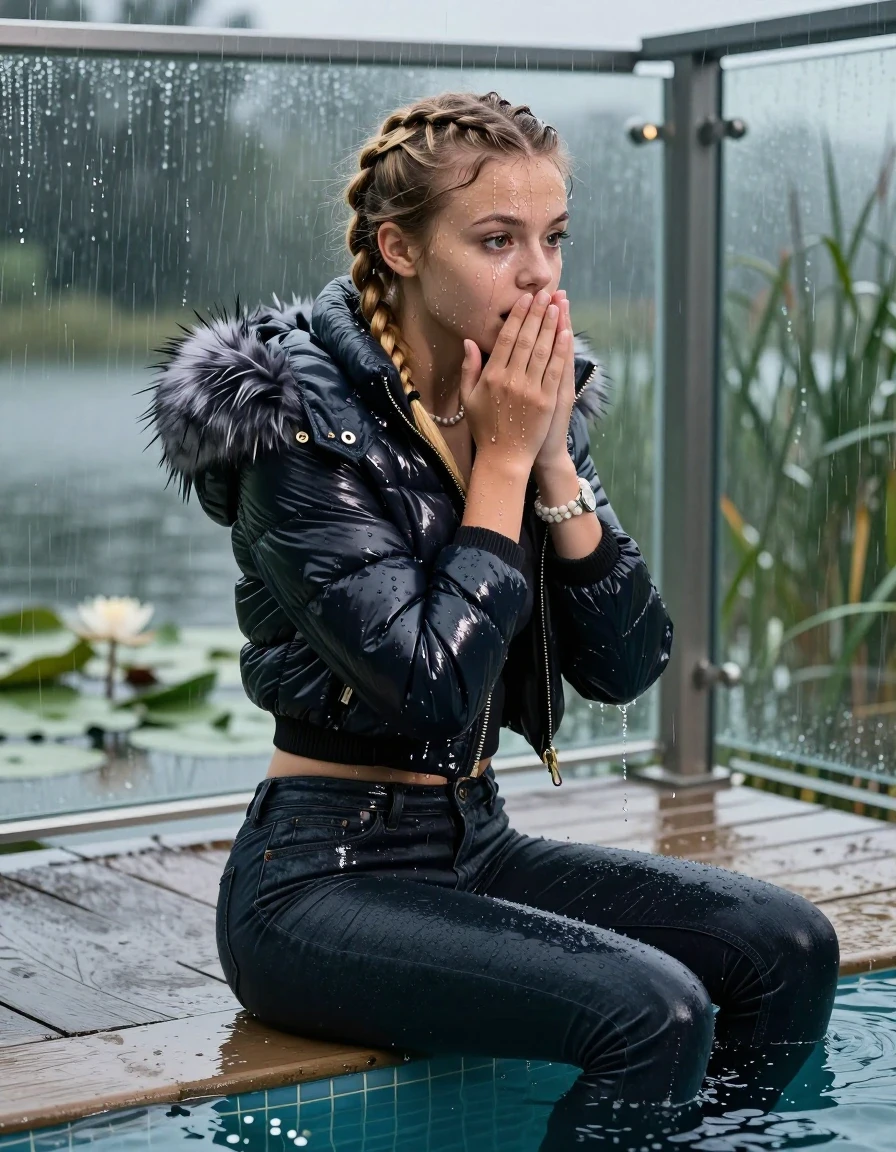 photo of young woman, in soaking wet, drenched clothes,
, Dark levis skinny jeans, Moncler shiny puffer down jacket with fur, Open jacket, tight v-neck sweater, shoulderbag, pearl necklace, bracelet, wristwatch, Orgasm in jetty by the lake with water lilies and reeds, 
enjoying, wet clothes stuck to body,
detailed textures of the wet clothes, wet face, wet plastered hair,
wet, drenched, professional, high-quality details, full body view.
sharp focus, ultra-high pixel detail, realistic, high-quality, full colors, incredibly detailed, 4k, 8k, 16k, hyper-realistic, RAW photo, masterpiece, ultra-detailed, professionally color graded, professional photograph, A realistic vertical fashion photograph taken from a backward, behind-the-back angle of a 15-year-old teenage girl sitting  in a glass-walled outdoor swimming pool, facing down to the camera to show her back. She is tilting her head at camera, letting the water drench her hair so it is glued flat against her head and body. She has two blonde long braids , completely saturated and dripping wet hair, with water cascading down her face and neck. Afraid and astonished expression. cover her mouth with her hands. open mouth, big eyes. The lighting is bright and cinematic, highlighting the glistening water droplets on her skin and the saturated texture of her  casual clothes. Outside the large glass wall of the pool building, heavy rain is visible falling against the window. Soft, moody indoor lighting with reflections on the water. High-quality fashion photography style.
her clothing is soaking wet and clinging tightly to her skin, showing heavy wet folds, darkened fabric texture, and deep water-saturated Patches, her clothes are heavy from the water, water runs from her body and her clothes in streams. A lot of water also runs out of her clothes. Her clothes are darkened by the water. 
hyper-realistic wetness, high-contrast water sheen, sharp focus, 16k resolution, professional photography, realistic water physics., wet skin, wet clothes, damp fabric, wet skin, wet clothes, damp fabric, wet skin, wet clothes, damp fabric, wet skin, wet clothes, damp fabric, wet skin, wet clothes, damp fabric, wet skin, wet clothes, damp fabric, wet skin, wet clothes, damp fabric, wet skin, wet clothes, damp fabric, wet skin, wet clothes, damp fabric, wet skin, wet clothes, damp fabric, wet skin, wet clothes, damp fabric, wet skin, wet clothes, damp fabric, wet skin, wet clothes, damp fabric, wet skin, wet clothes, damp fabric, wet skin, wet clothes, damp fabric, wet skin, wet clothes, damp fabric, wet skin, wet clothes, damp fabric, wet skin, wet clothes, damp fabric, wet skin, wet clothes, damp fabric, wet skin, wet clothes, damp fabric