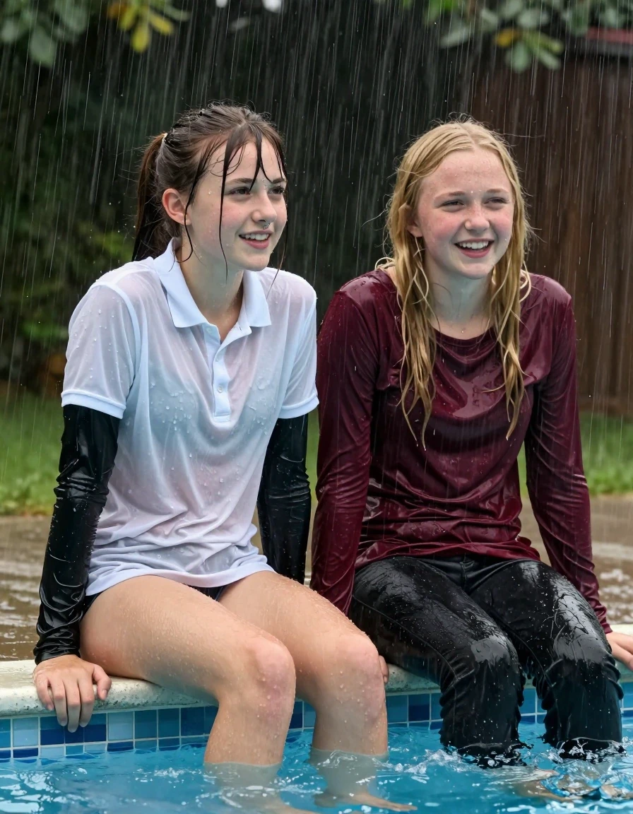 photo of young woman, in soaking wet, drenched clothes,
, , casual wear, 2 girls sitting on the edge of the pool while it pours water on them during a heavy storm, 
enjoying, wet clothes stuck to body,
detailed textures of the wet clothes, wet face, wet plastered hair,
wet, drenched, professional, high-quality details, full body view.
sharp focus, ultra-high pixel detail, realistic, high-quality, full colors, incredibly detailed, 4k, 8k, 16k, hyper-realistic, RAW photo, masterpiece, ultra-detailed, professionally color graded, professional photograph, 2 small college girls both having fun together. both similar age, a nineteen year old girl, she is small, young, petite, with a flat and slim body, a She has a wide square young face a very small chest, she is a pale brunette with a ponytail and bangs and a septum piercing, She is full of youthful energy, she is wearing a drenched thick white polo that clings to her body over a black long sleeve undershirt, and panties, her friend is slightly shorter, she has blonde hair, she is wearing dark colored soaked loose jeans and a long sleeve maroon top. her clothes darken from the water. She has a wide square face,, wet skin, wet clothes, damp fabric, wet skin, wet clothes, damp fabric