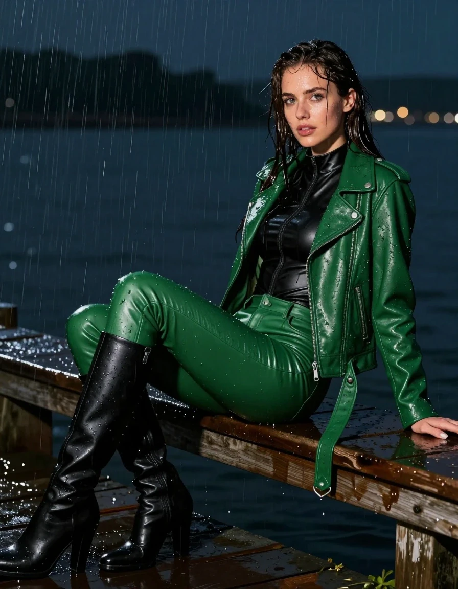 photo of young woman, in soaking wet, drenched clothes,
black leather knee-high boots, green leather pants, black leather polar neck catsuit , green bikers leather jacket, relaxing at a pier at, night, heavy rain, drenched, 
enjoying, wet clothes stuck to body,
detailed textures of the wet clothes, wet face, wet plastered hair,
wet, drenched, professional, high-quality details, full body view.
sharp focus, ultra-high pixel detail, realistic, high-quality, full colors, incredibly detailed, 4k, 8k, 16k, hyper-realistic, RAW photo, masterpiece, ultra-detailed, professionally color graded, professional photograph, white woman, long dripping wet brown hair,, wet skin, wet clothes, damp fabric, wet skin, wet clothes, damp fabric, wet skin, wet clothes, damp fabric
