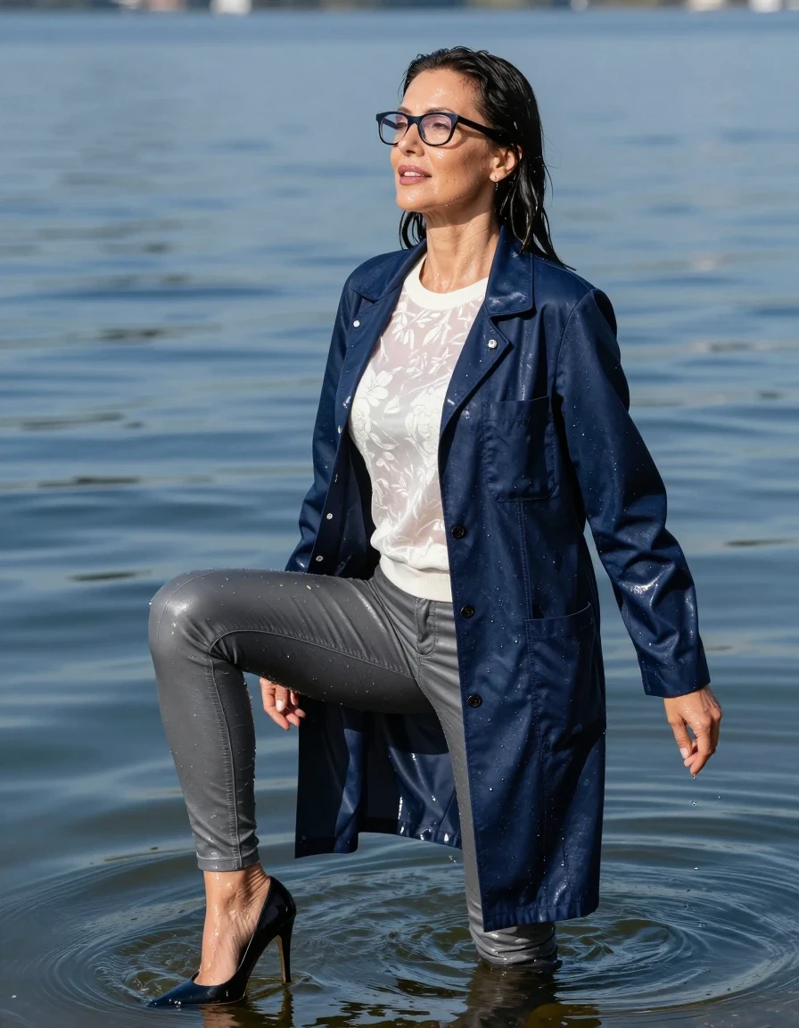 photo of young woman, in soaking wet, drenched clothes,
high-heeled shoes, long gray tight leather jeans, shiny white floral sweater, maxi shiny dark blue labcoat, Swimming submerged inr very deep sunny lake, completely underwater up to her neck, 
enjoying, wet clothes stuck to body,
detailed textures of the wet clothes, wet face, wet plastered hair,
wet, drenched, professional, high-quality details, full body view.
sharp focus, ultra-high pixel detail, realistic, high-quality, full colors, incredibly detailed, 4k, 8k, 16k, hyper-realistic, RAW photo, masterpiece, ultra-detailed, professionally color graded, professional photograph, europen brunette skinny woman 50 years old, long dark black hair, office glasses, very big and thick lips, complete body, wet skin, wet clothes, damp fabric, wet skin, wet clothes, damp fabric, wet skin, wet clothes, damp fabric, wet skin, wet clothes, damp fabric, wet skin, wet clothes, damp fabric, wet skin, wet clothes, damp fabric, wet skin, wet clothes, damp fabric
