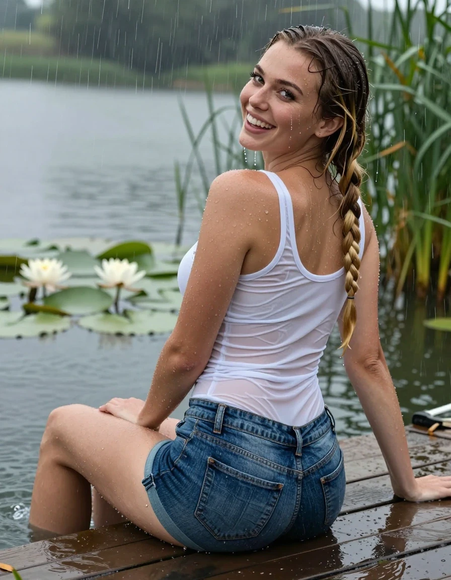 photo of young woman, in soaking wet, drenched clothes,
,  Seamless women's boyshort panty with a jeanslook print, very tight fit, white very tight, belly-free tank top,very tight fit,very see-through, soaked, no bra, no bra, smiling joyfull in jetty by the lake with water lilies and reeds, 
enjoying, wet clothes stuck to body,
detailed textures of the wet clothes, wet face, wet plastered hair,
wet, drenched, professional, high-quality details, full body view.
sharp focus, ultra-high pixel detail, realistic, high-quality, full colors, incredibly detailed, 4k, 8k, 16k, hyper-realistic, RAW photo, masterpiece, ultra-detailed, professionally color graded, professional photograph, A realistic vertical fashion photograph taken from a backward, behind-the-back angle of a 25-year-old teenage girl sitting on a jetty by the lake , facing to the camera to show her back. She is tilting her head at camera, letting the water drench her hair so it is glued flat against her head and body. She has two blonde long braids , completely saturated and dripping wet hair, with water cascading down her face and neck. joyfully smiling and enjoying expression.  slightly laying back, enjoying the wetness, open mouth, big eyes. The lighting is bright and cinematic, highlighting the glistening water droplets on her skin and the saturated texture of her casual clothes. Heavy rain is visible falling against her. Soft, moody indoor lighting with reflections on the water. High-quality fashion photography style. her clothing is soaking wet and clinging tightly to her skin, showing heavy wet folds, darkened fabric texture, and deep water-saturated Patches, her clothes are heavy from the water, water runs from her body and her clothes in streams. A lot of water also runs out of her clothes. Her clothes are darkened by the water. hyper-realistic wetness, high-contrast water sheen, sharp focus, 16k resolution, professional photography, realistic water physics., wet skin, wet clothes, damp fabric, wet skin, wet clothes, damp fabric,, wet skin, wet clothes, damp fabric