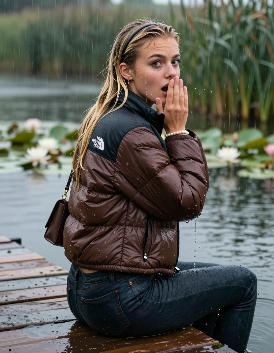 photo of young woman, in soaking wet, drenched clothes,
, tight skinny jeans, brown north face puffer down jacket, Open jacket, tight v-neck sweater, shoulderbag, pearl necklace, bracelet, wristwatch,  jetty by the lake with water lilies and reeds, 
enjoying, wet clothes stuck to body,
detailed textures of the wet clothes, wet face, wet plastered hair,
wet, drenched, professional, high-quality details, full body view.
sharp focus, ultra-high pixel detail, realistic, high-quality, full colors, incredibly detailed, 4k, 8k, 16k, hyper-realistic, RAW photo, masterpiece, ultra-detailed, professionally color graded, professional photograph, A realistic vertical fashion photograph taken from a backward, behind-the-back angle of a 18-year-old teenage girl sitting on a jetty by the lake after diving in the water, facing to the camera to show her back. She is tilting her head at camera, letting the water drench her hair so it is glued flat against her head and body. She has two blonde sleek very long straight hair with hairband  , completely saturated and dripping wet hair, with water cascading down her face and neck. Afraid and astonished expression. cover her mouth with her hands. open mouth, big eyes. The lighting is bright and cinematic, highlighting the glistening water droplets on her clothes and the saturated texture of her  casual clothes. Heavy rain is visible falling against her. Soft, moody indoor lighting with reflections on the water. High-quality fashion photography style.
her clothing is soaking wet and clinging tightly to her skin, showing heavy wet folds, darkened fabric texture, and deep water-saturated Patches, her clothes are heavy from the water, water runs from her body and her clothes in streams. A lot of water also runs out of her clothes. Her clothes are darkened by the water. 
hyper-realistic wetness, high-contrast water sheen, sharp focus, 16k resolution, professional photography, realistic water physics., wet skin, wet clothes, damp fabric, wet skin, wet clothes, damp fabric, wet skin, wet clothes, damp fabric, wet skin, wet clothes, damp fabric, wet skin, wet clothes, damp fabric, wet skin, wet clothes, damp fabric, wet skin, wet clothes, damp fabric, wet skin, wet clothes, damp fabric, wet skin, wet clothes, damp fabric, wet skin, wet clothes, damp fabric, wet skin, wet clothes, damp fabric, wet skin, wet clothes, damp fabric, wet skin, wet clothes, damp fabric, wet skin, wet clothes, damp fabric, wet skin, wet clothes, damp fabric, wet skin, wet clothes, damp fabric, wet skin, wet clothes, damp fabric, wet skin, wet clothes, damp fabric, wet skin, wet clothes, damp fabric, wet skin, wet clothes, damp fabric, wet skin, wet clothes, damp fabric